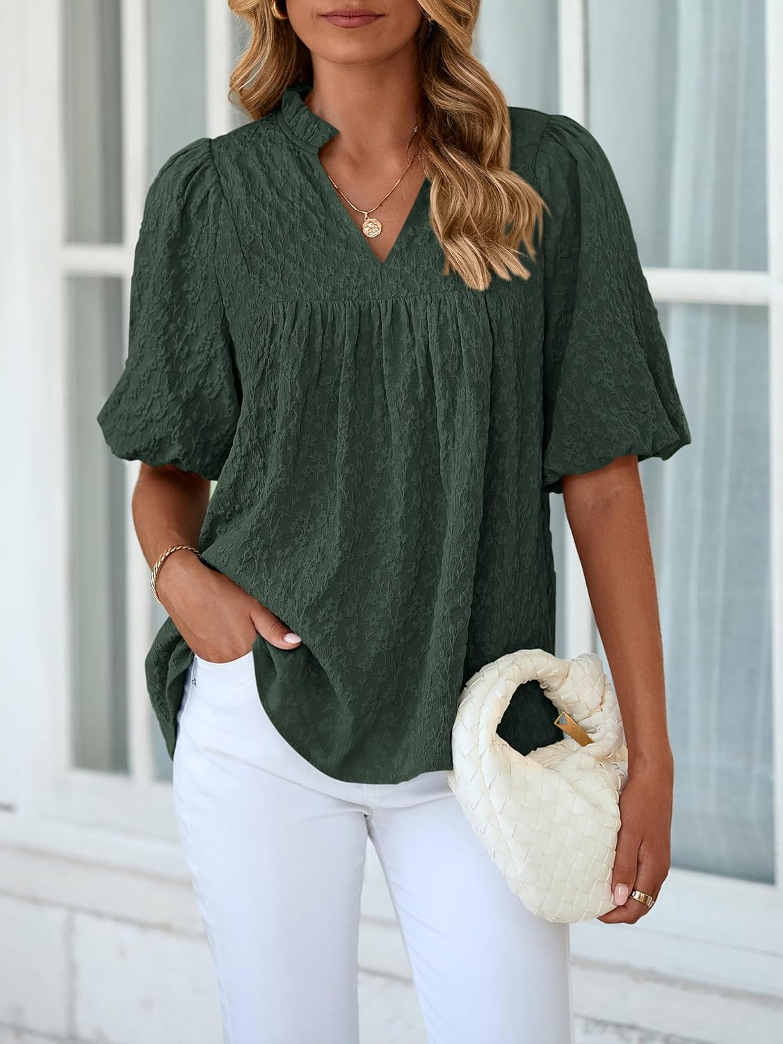 MASCOMODA Womens Summer Tops 2026 Ruffle V Neck Blouses Loose Puff Short Sleeve Jacquard Babydoll Tops Casual Dressy T-Shirts - Image 6