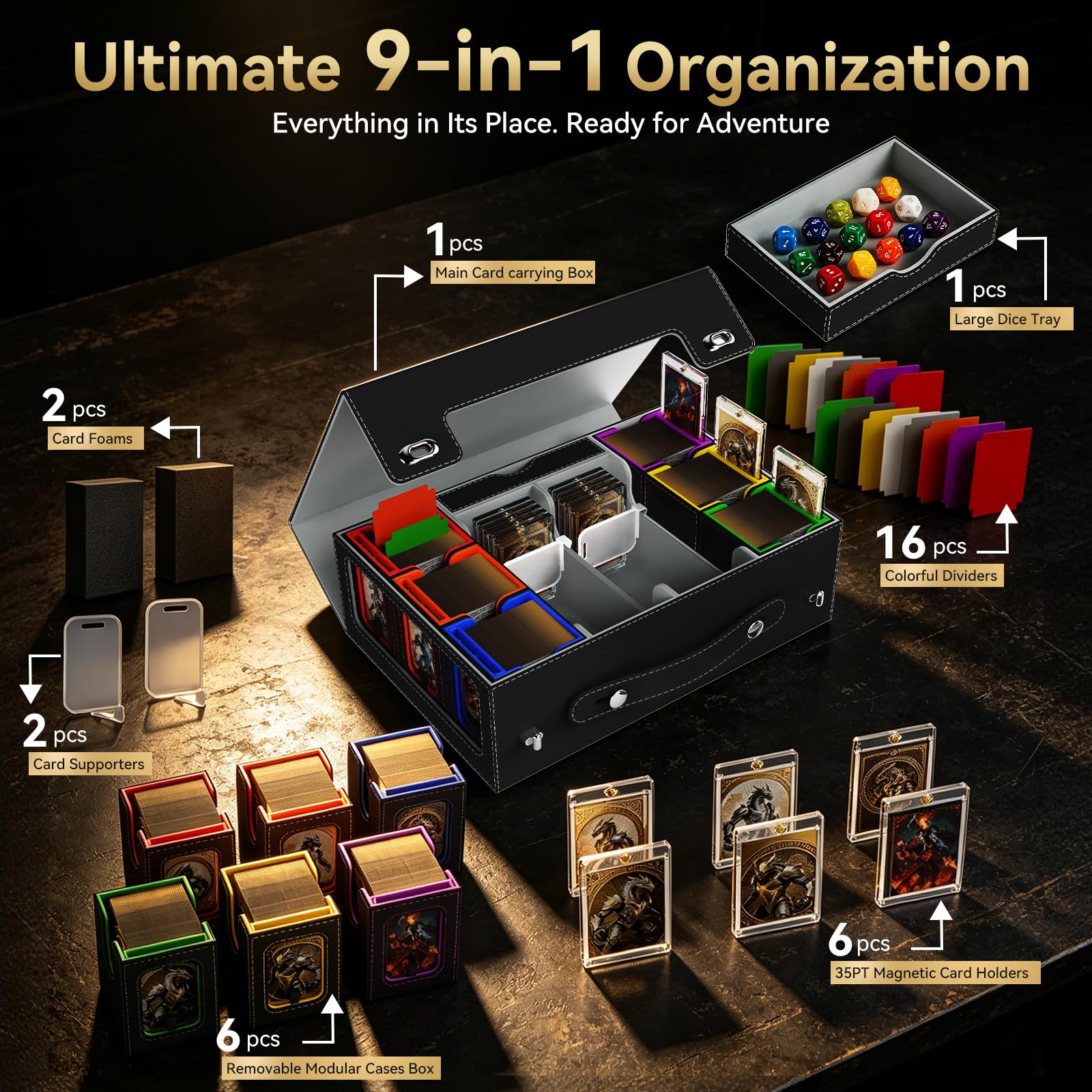9in1 MTG Deckbox 6 Deck mit Tragbarem Griff,Commander Deck Box mit Display&WüRfelablage 2400+ Karten,Sammelkarten Aufbewahrungsbox mit35pt Magnetischen Kartenhaltern füR Top Loader Tcg Ptcg Sportkarte