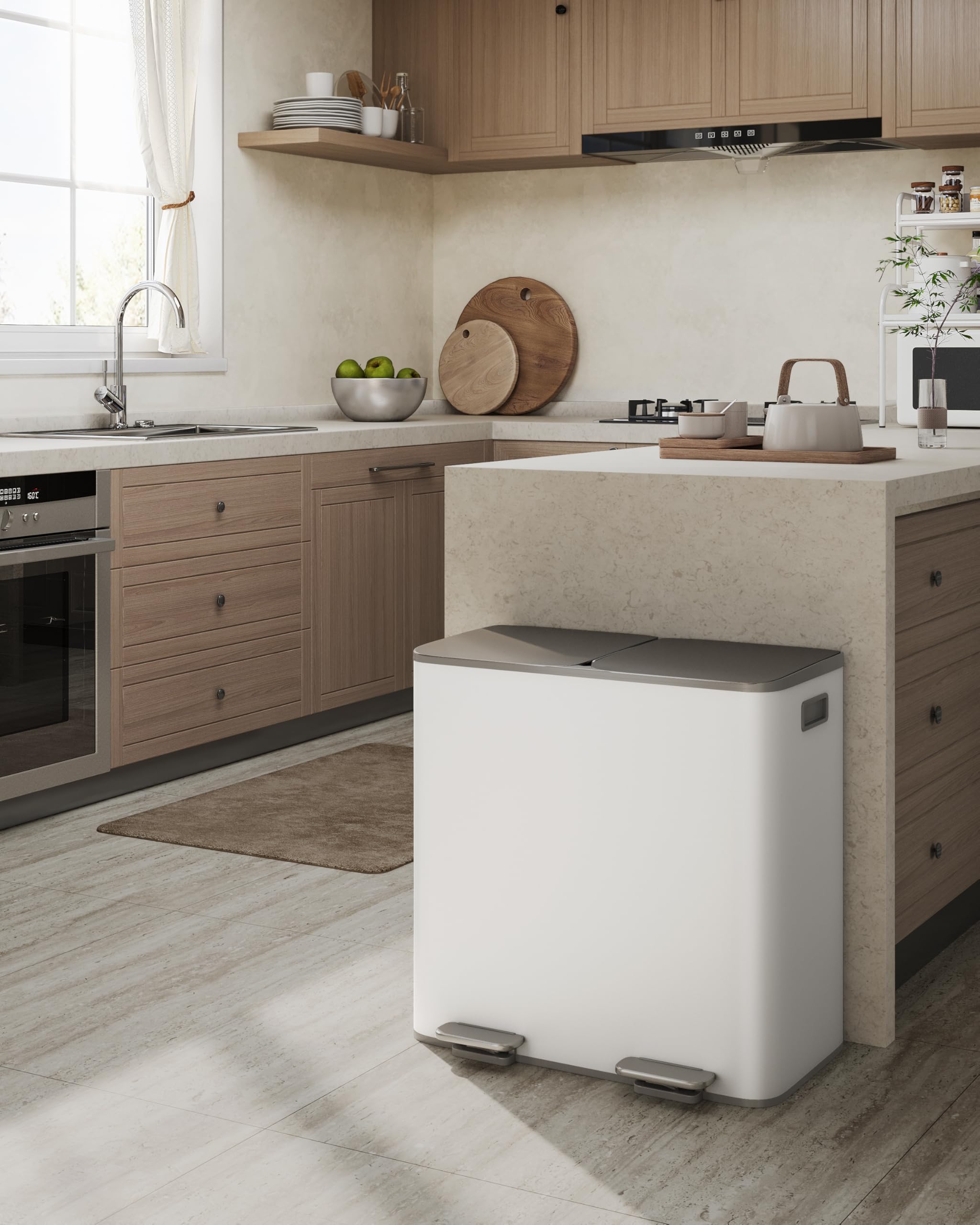 Großer Küchen-Mülleimer 2 x 40L aus Edelstahl – Doppelfach Abfallbehälter mit Soft-Close-Deckel, Tretmechanismus und PP-Innenbehältern, ideales Recycling Mülltrennsystem, grau-weiß