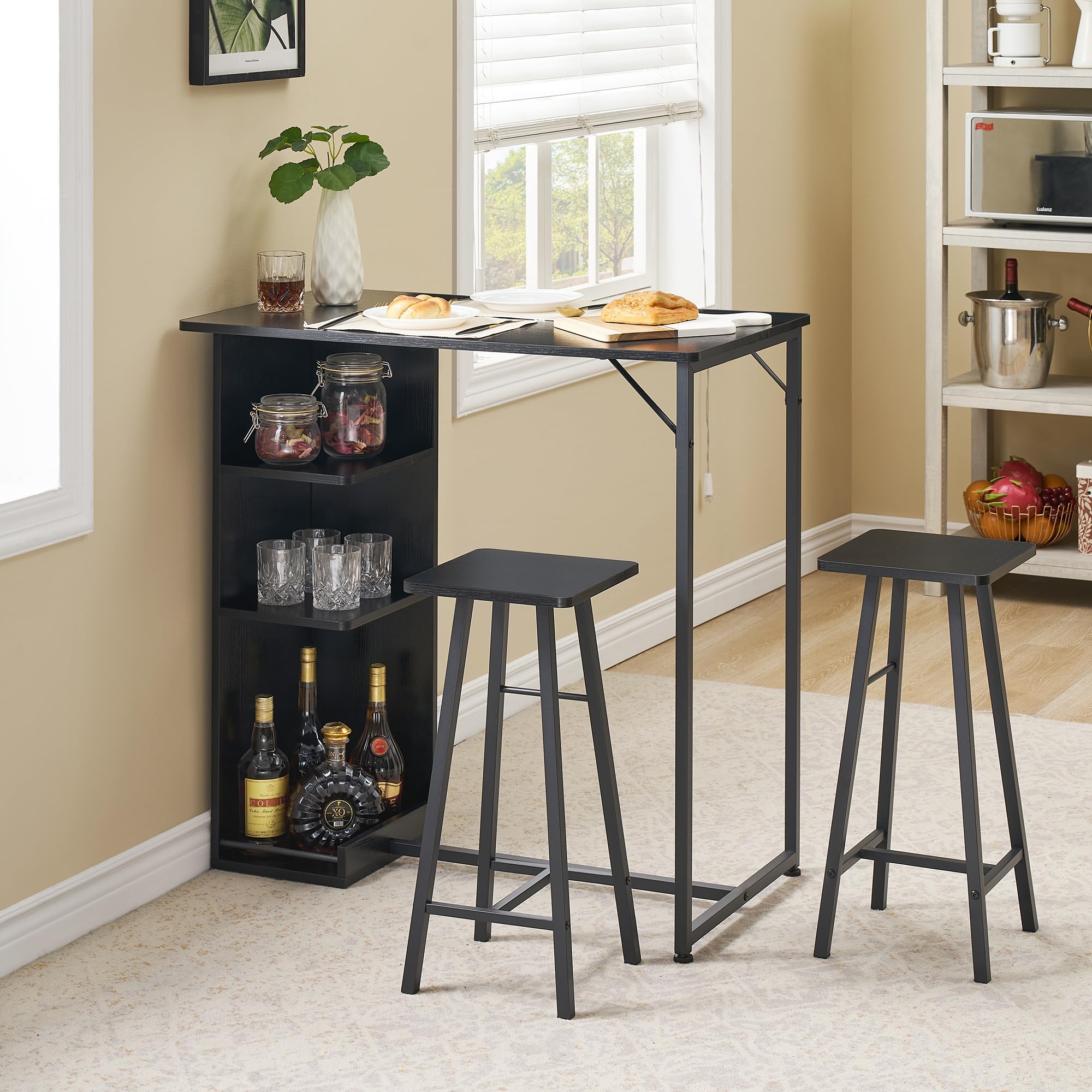 Mesa de Bar con 2 taburetes Altos: Mesa 90x50x90 cm, 2 taburetes Duros 27x27x60 cm, Madera, Soporte metálico, Almacenamiento Abierto, Ideal para Bar y Comedor, Color Negra