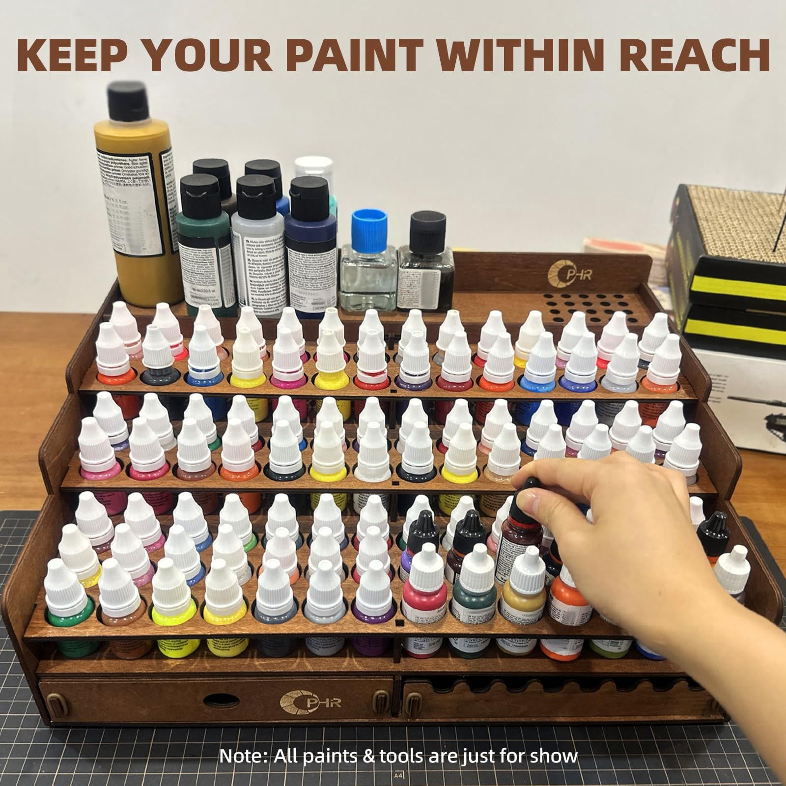 Qianly Paint Storage Organizer Holzstruktur Pinselhalter Aufbewahrungsfach Schublade Stifthalter mit Hoher Kapazität für Künstler Modellbau Heimwerkstatt, 98 Löcher
