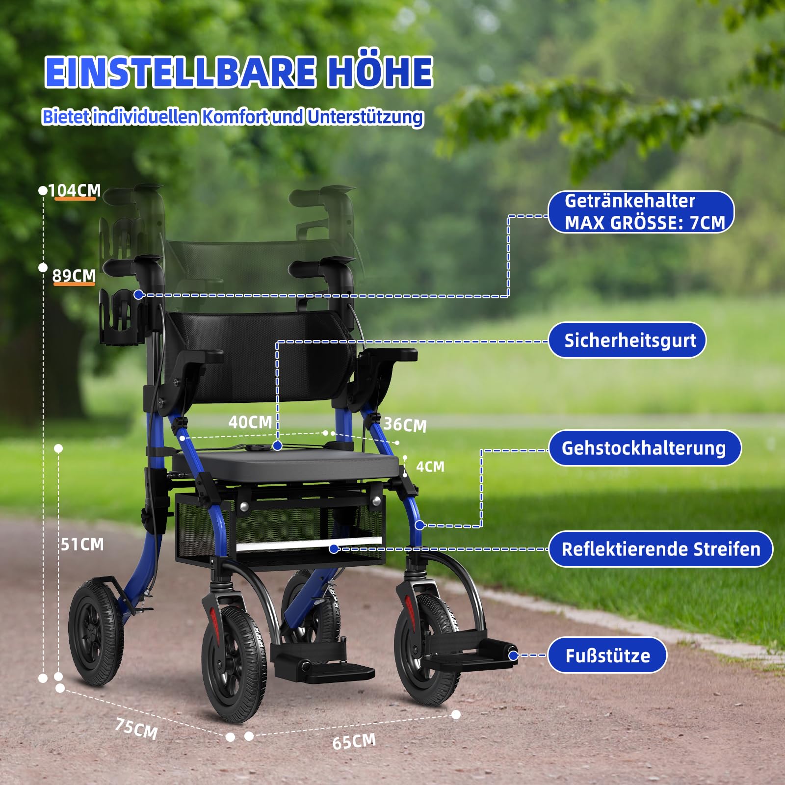 BeneCane 2 en 1 Rollator Plegable y Silla de Ruedas para Personas Mayores, Andador Ajustable en Altura con Asiento y Ruedas Antideslizantes - Ayuda para la Movilidad de Adultos