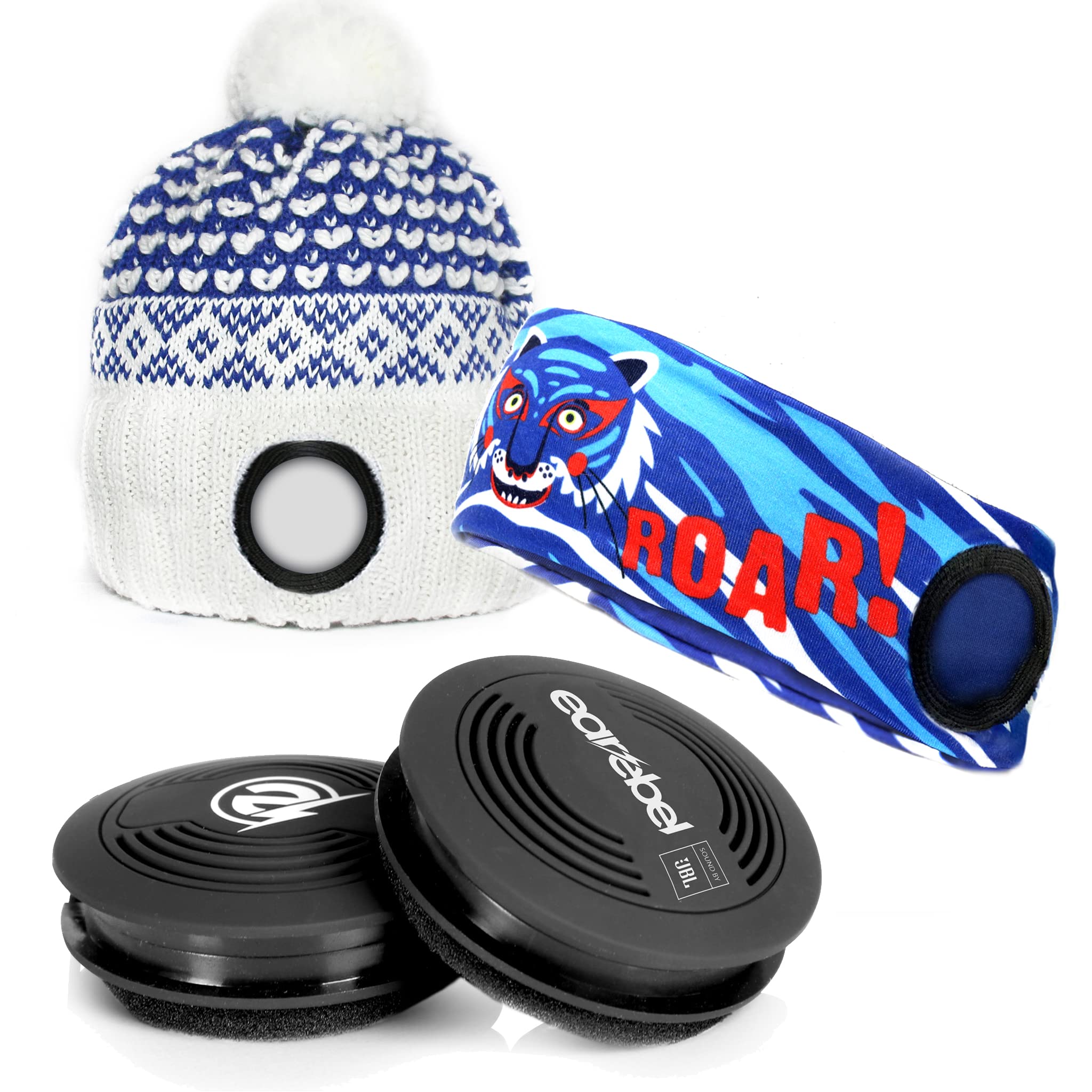 Earebel JBL Children's Mega Set with Bluetooth Headphones Sound by Including Beanie White/Blue and Blue Headband