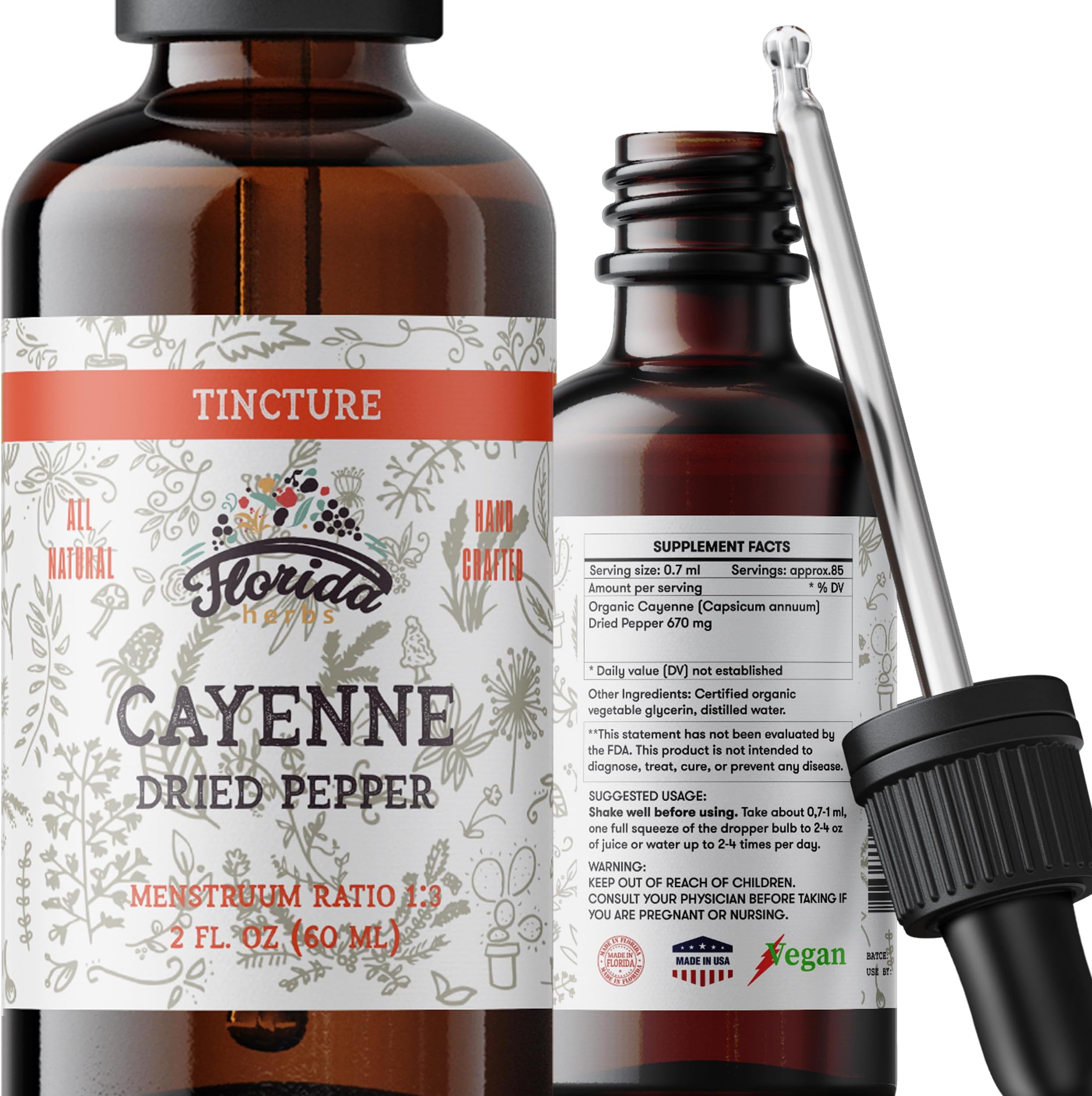 Cayenne Tincture Extract, Organic Cayenne (Capsicum annuum) Dried Pepper - Vegetable Glycerin - Non-GMO - 2 oz