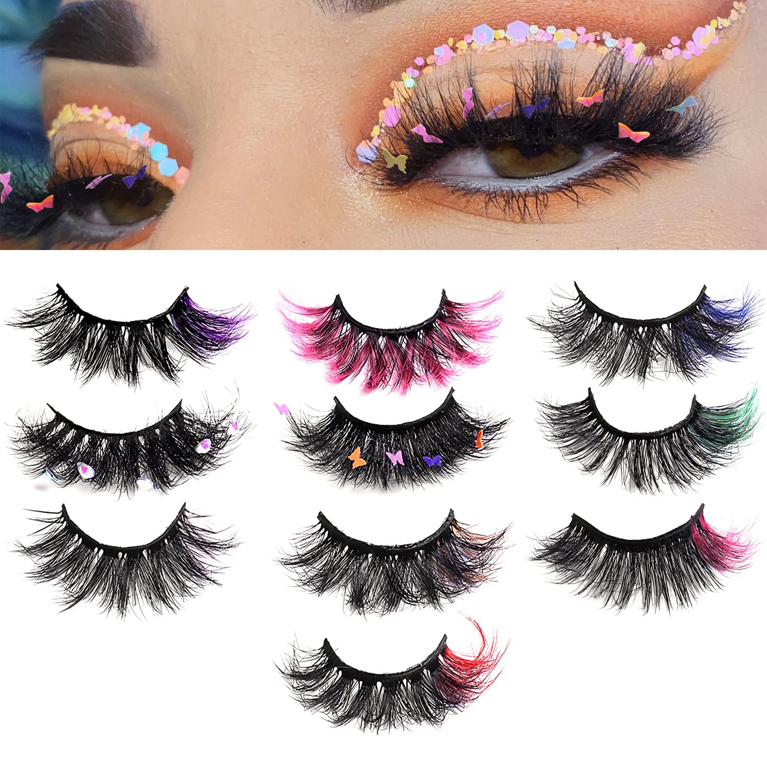 Lashes with Color on End Set, 6D Long Fluffy Faux Mink False Eyelashes with Rhinestone