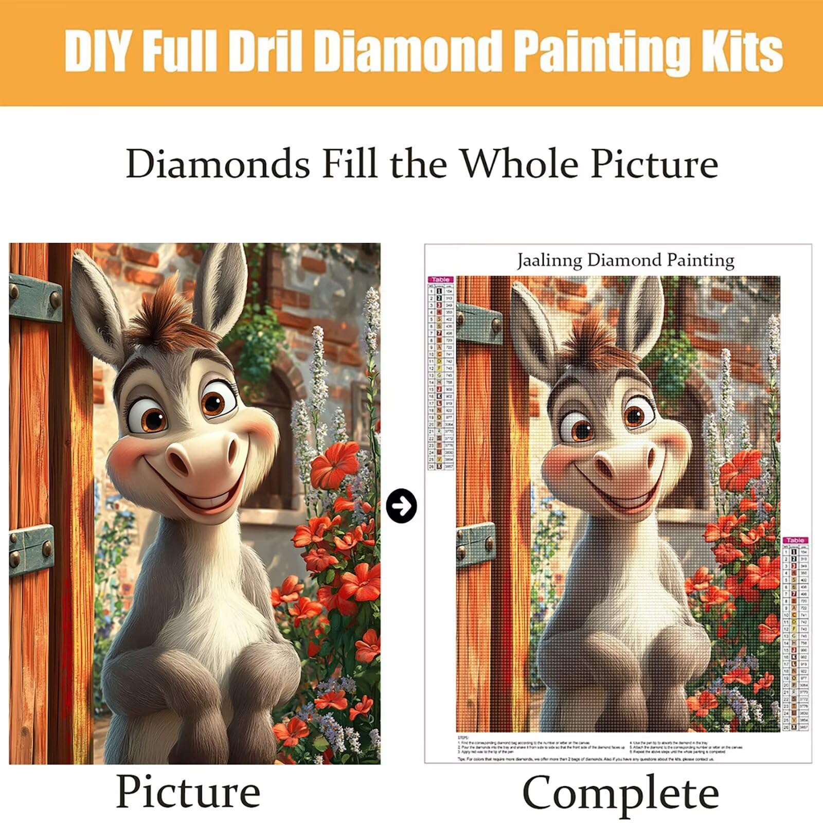 Diamond Painting Kit Completo, Diamond Painting Animale, 5D Quadrato Pittura Diamante Kit Manualidades Adultos DIY Diamantini Crystal Art Disegni Ricamo Punto Croce Artigianale, 60x90cm Asino j0-834