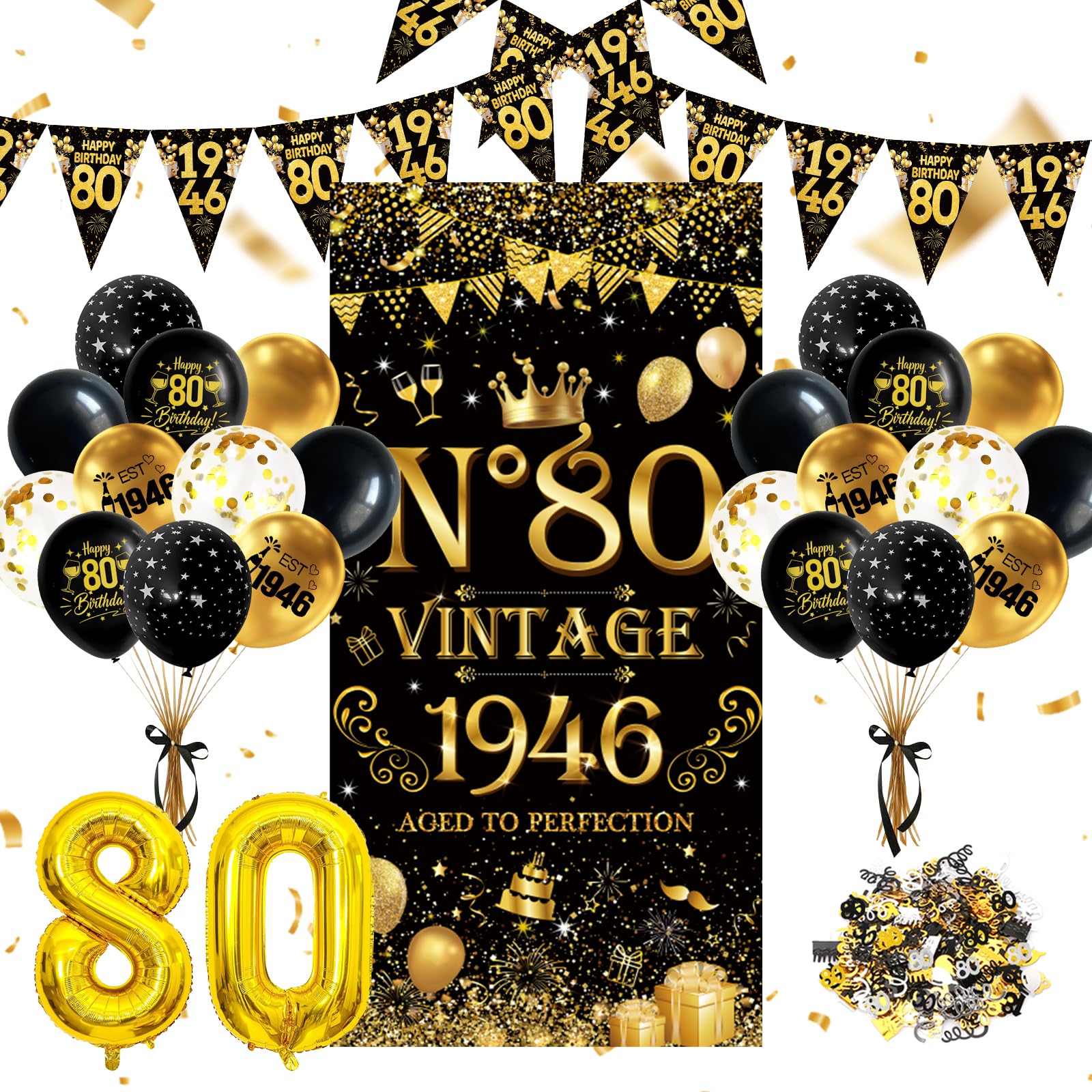 80th Birthday Decorations for Men Women, Vintage 1946 Black Gold Supplies