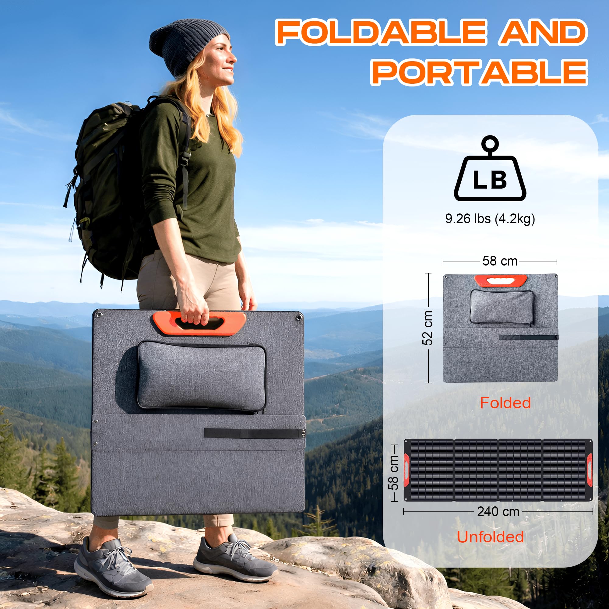 Panneau solaire portable 200 W - Chargeur solaire pliable avec kit multi-connecteurs et sorties USB - Panneaux solaires étanches