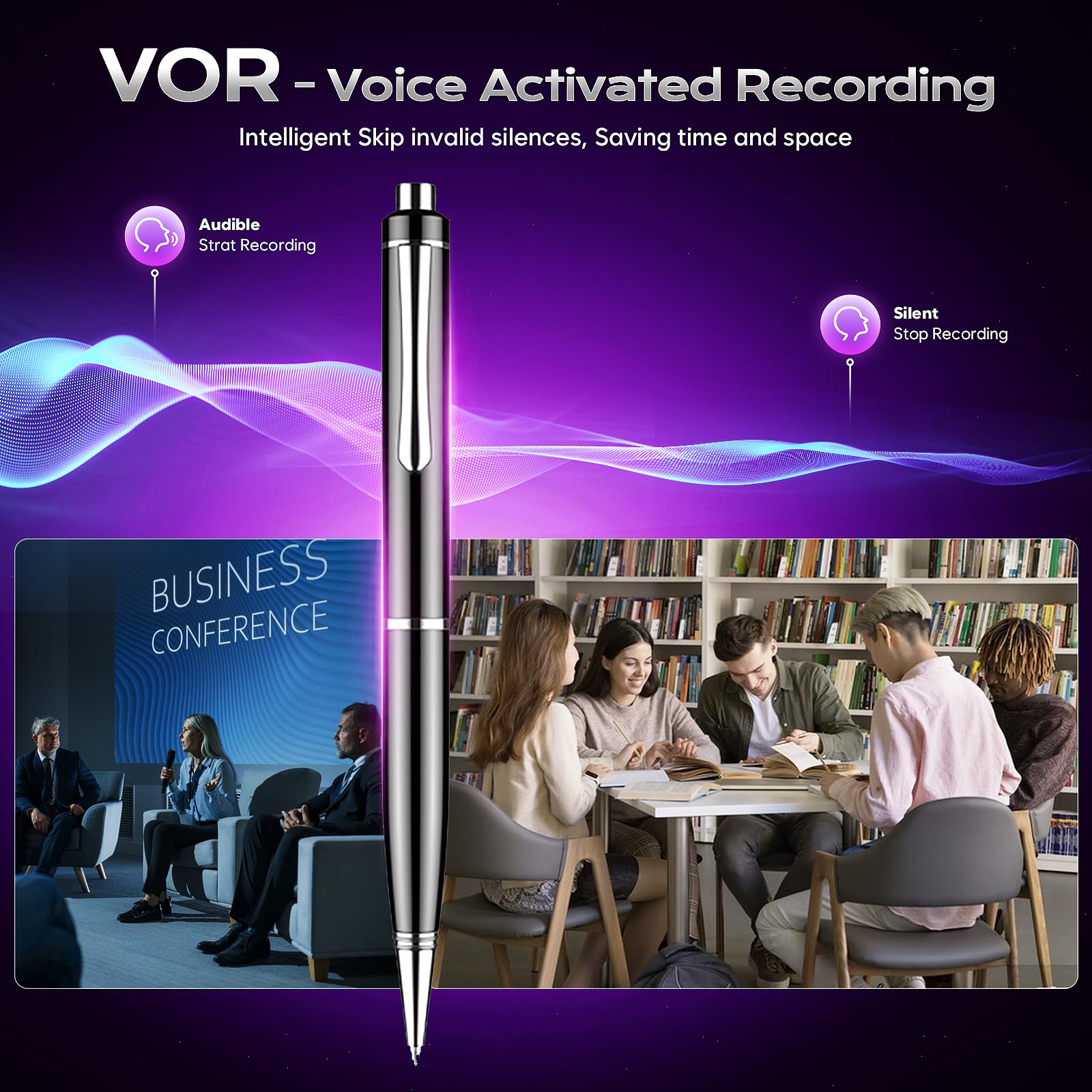 128GB(2400) Registratore Vocale Digitale, Registratore Smart con Riduzione del Rumore, Registrazione One Touch, Registratore Audio a Controllo Vocale con Riproduzione per Conferenze Riunioni Lezioni
