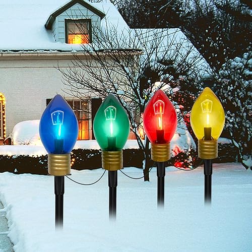 Oviejo Luces de camino multicolor C9, 7 pies, marcadores de camino de Navidad para exteriores, luces de estacas con 4 bombillas LED multicolor C9
