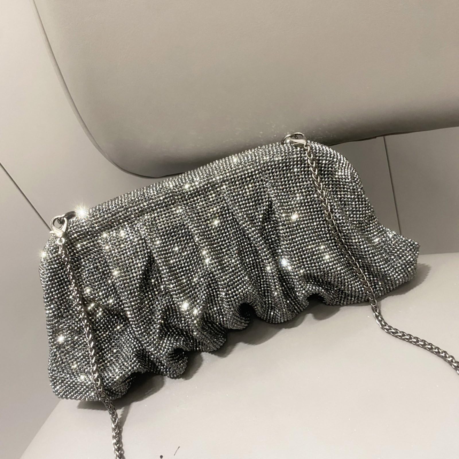 Borsa Da Sera con Pochette e Catena A Pieghe con Strass Scintillanti da Donna, Per Matrimoni E Feste,Grigio