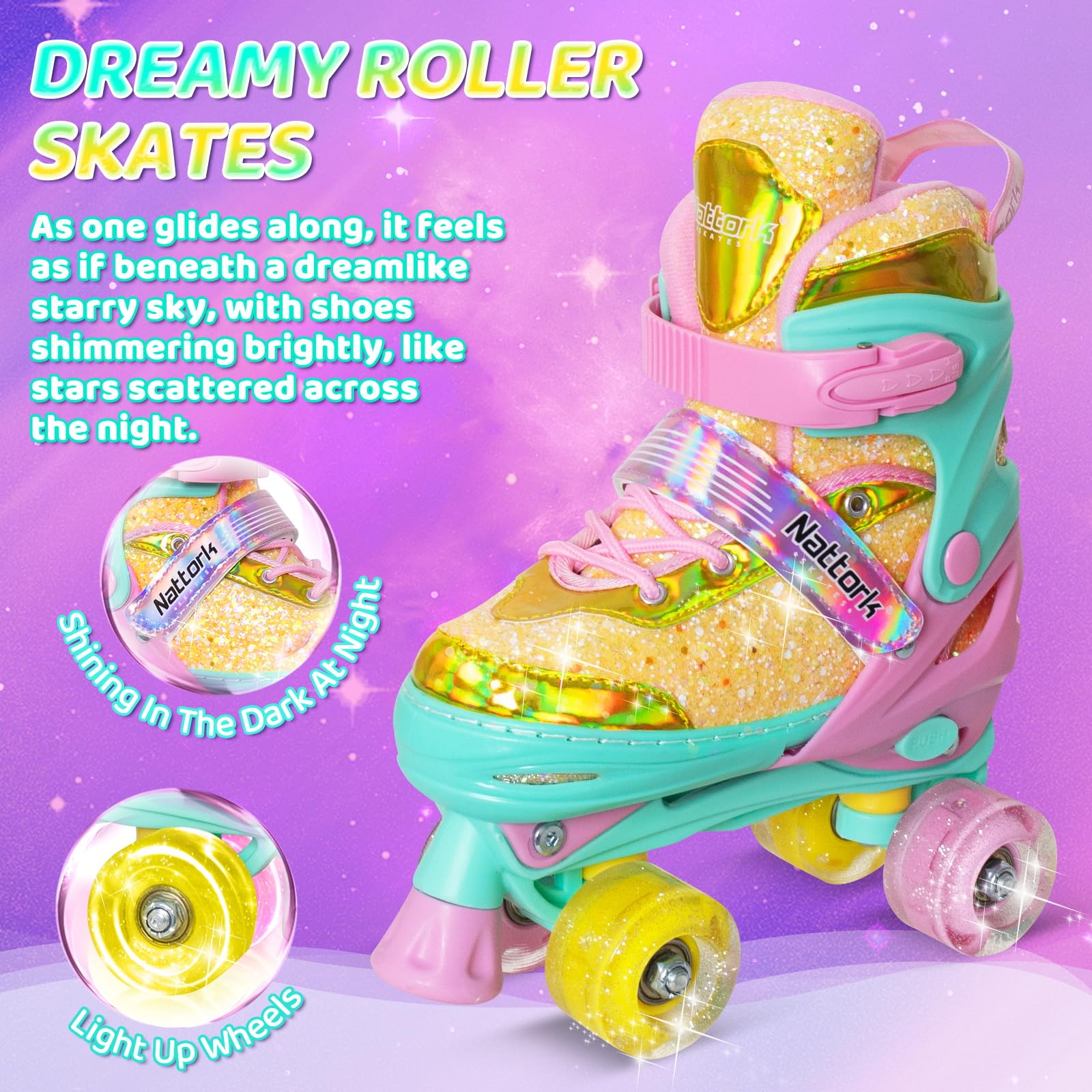 Nattork Patines de ruedas para niñas y niños, 4 tamaños ajustables, patines para niñas de 3 a 12 años con ruedas iluminadas y protección de seguridad, regalo de cumpleaños genial para deportes en