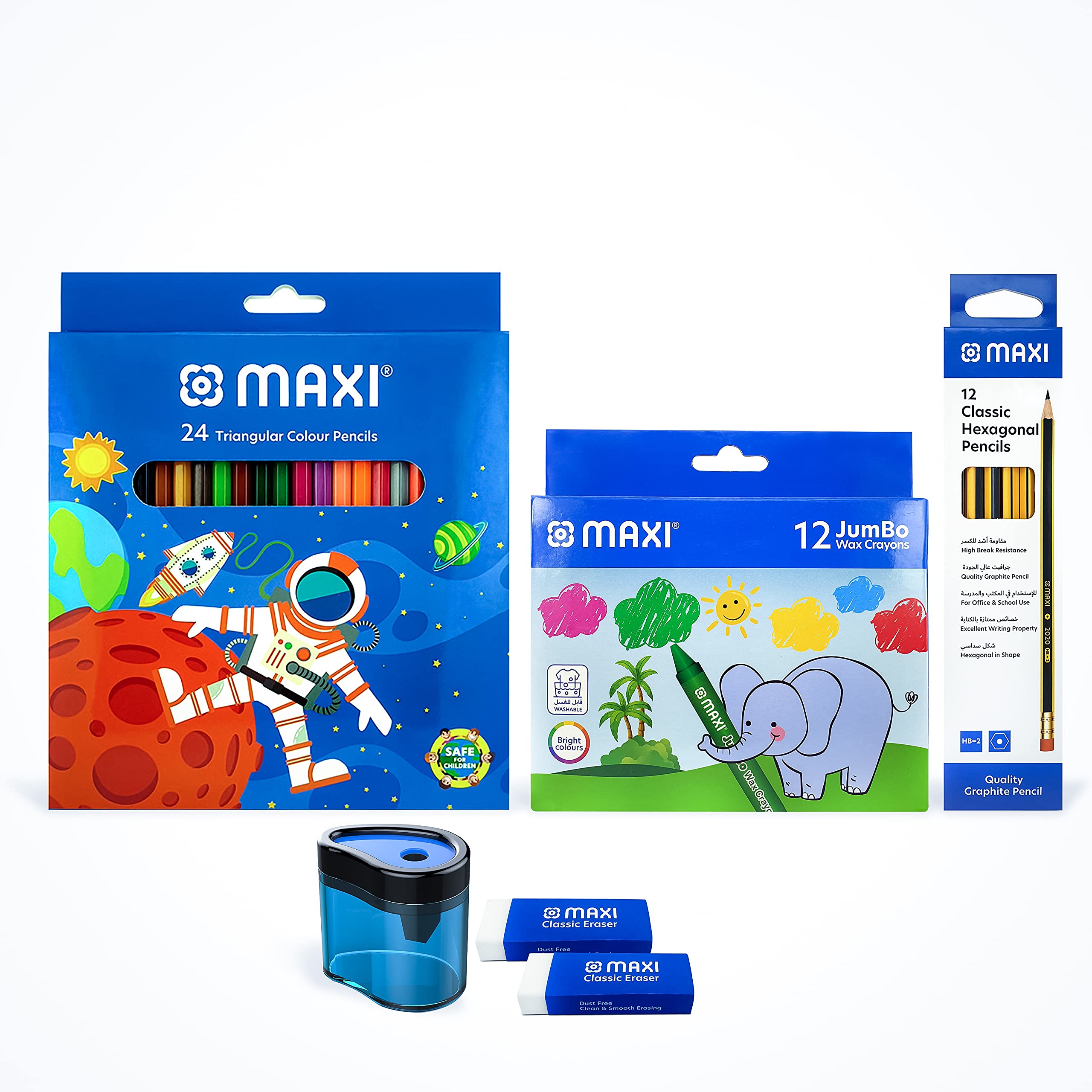 MaxiTriangular Colour Pencils 24 Colour + Classic Graphite Pencil Hb With Rt 12Pcx1 + Jumbo Wax Crayons 12 Color Round 90Mm + Wave Sharpener Barrel Single Hole + Classic Dust Free Eraser Big-2Pc