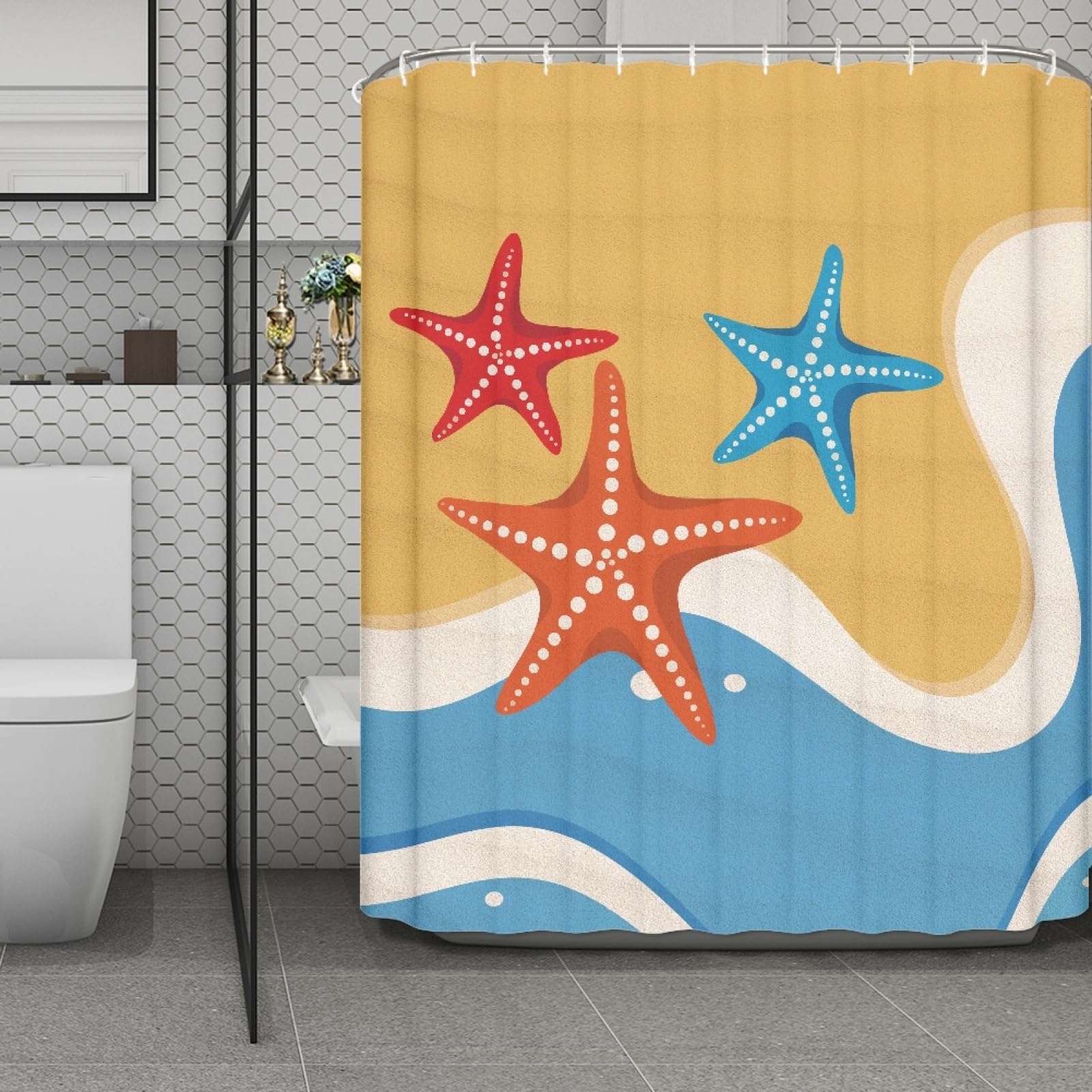 Rideau douche 180x220 rouge jaune bleu en tissu polyester lavable