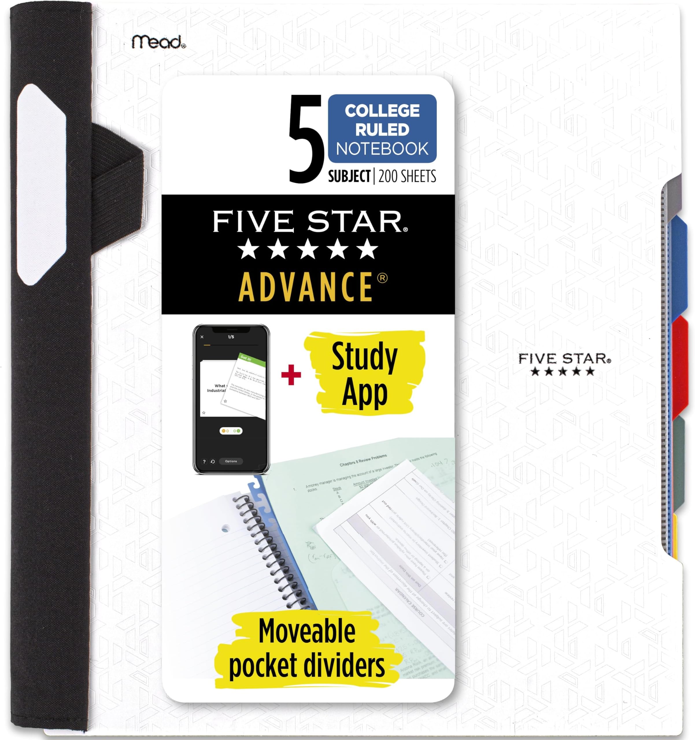 Advance Spiral Notebook-Standard Size, 5 Subject, College Ruled, 8.5 x 11 Inch Sheet Size, White (73154)