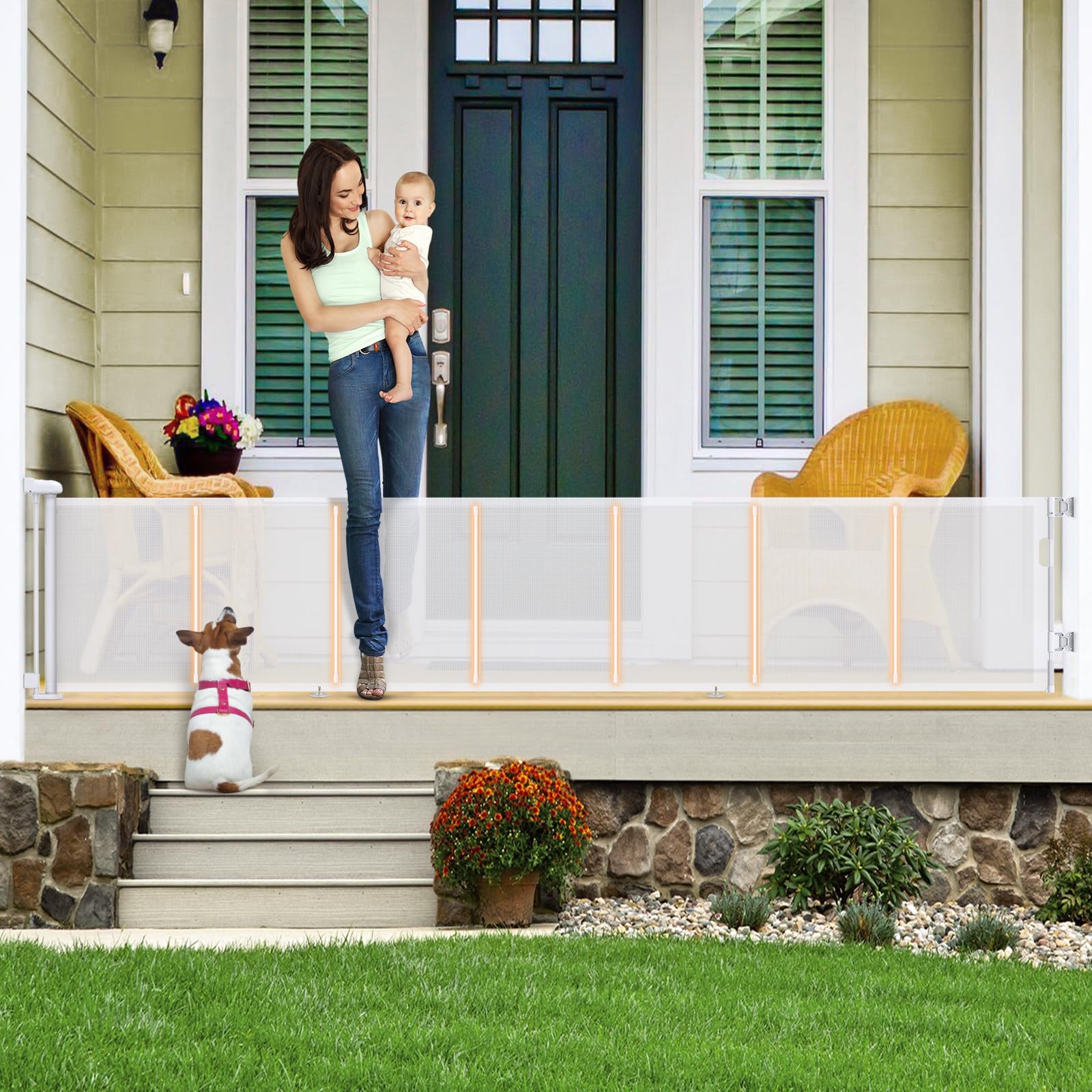 24" Short Retractable Dog Gate for Doorways to Step Over, Reinforced Rods 120'' Retractable Baby Gates Extra Wide, Security Extra Long Retractable Baby Gate for Stairs,Indoor/Outdoor Retractable Gate