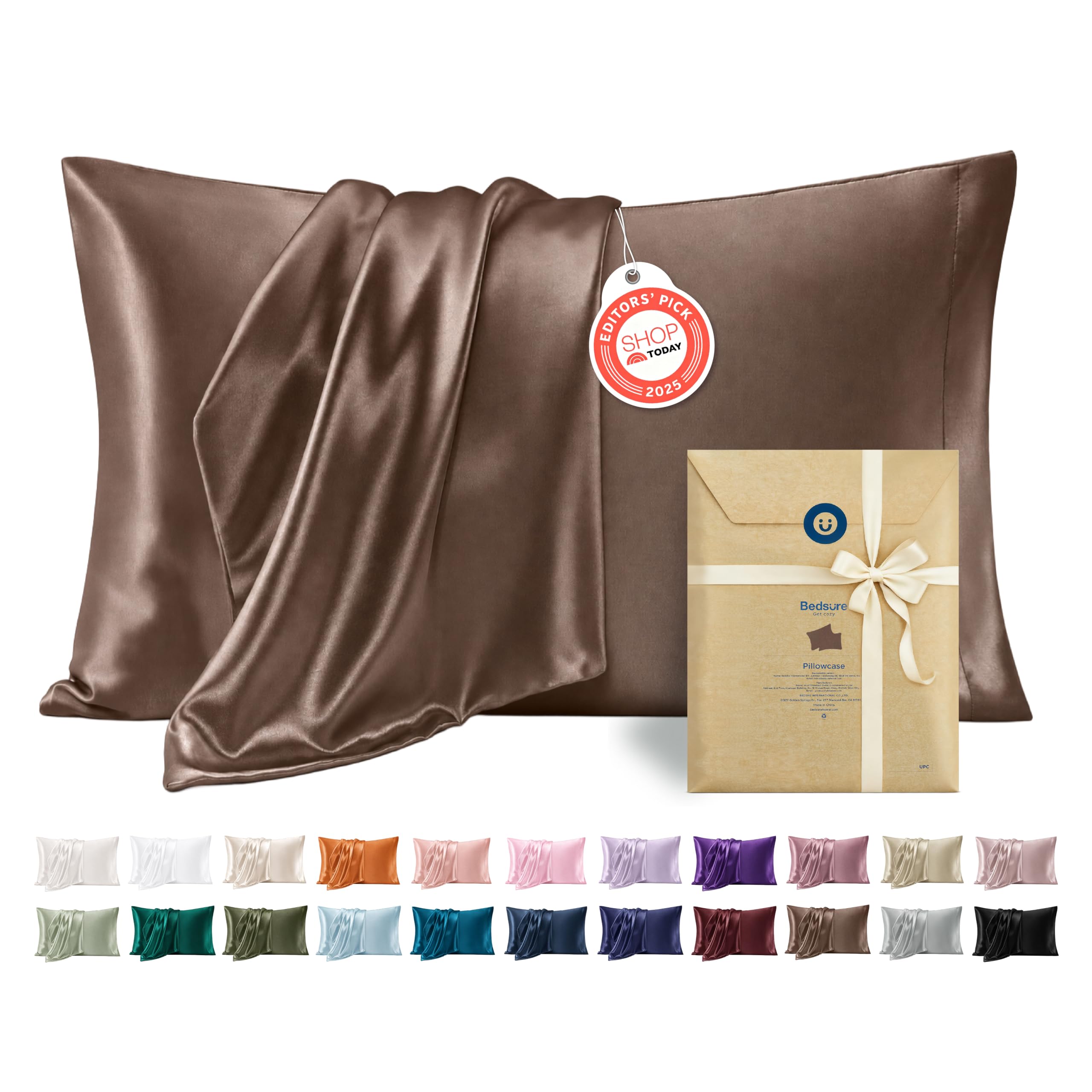 Bedsure Satin Pillowcases King Set of 2, Similar to Silk Pillow Cases Brown