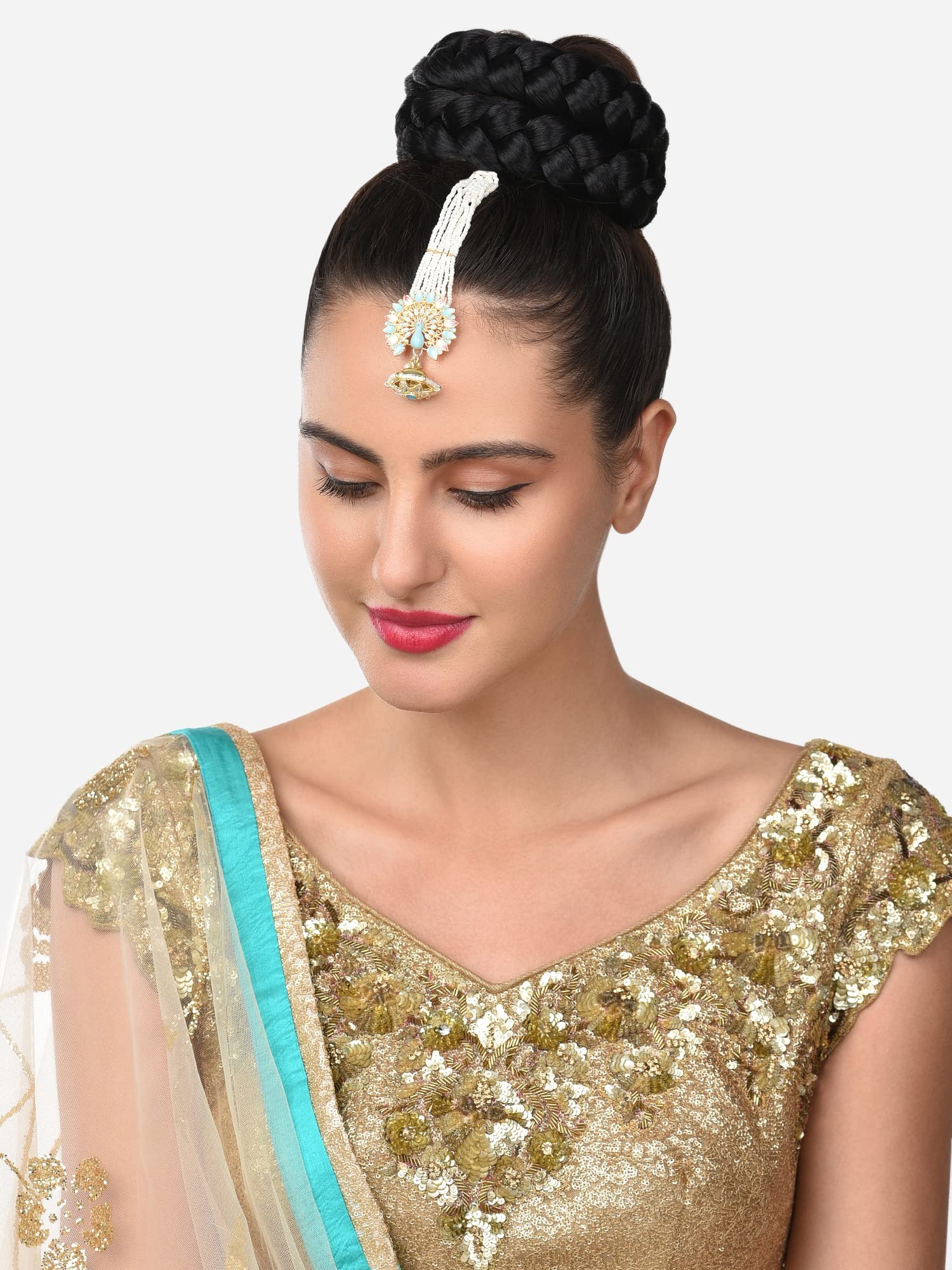 Peacock Inspired Meenakari Kundan Multistrand Pearl Borla Maangtikka