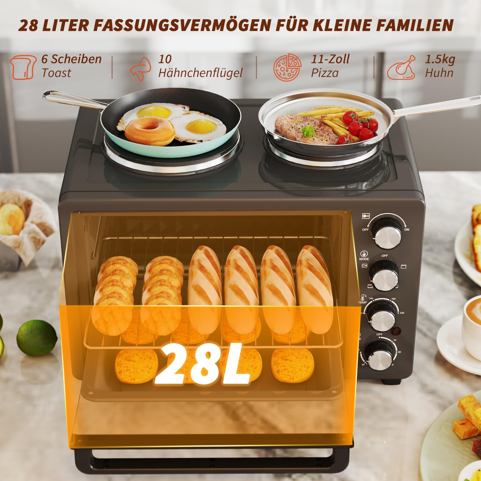 HOMCOM Minibackofen 28 L 2600W 100-230℃ Pizzaofen mit 60 Min. Timer, Grillrost 2 Kochplatten, Backblech, Mini Backofen mit Tablettgriff, Krümelblech, Schwarz