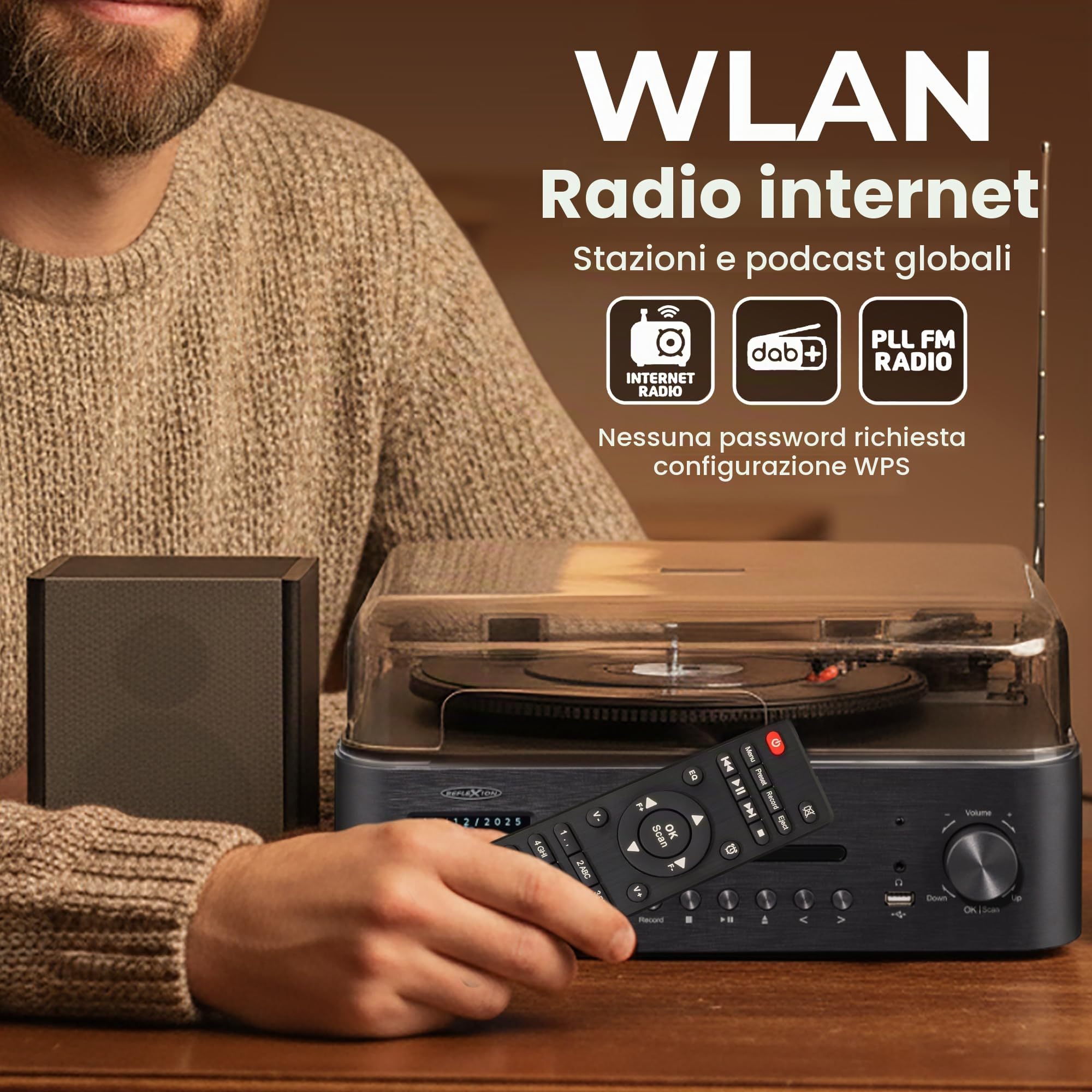 Reflexion Giradischi con altoparlante e WiFi, impianto HiFi retrò con DAB+, radio Internet, Bluetooth, CD, registrazione USB MP3, display a colori, sveglia e timer di sospensione, sistema completo con