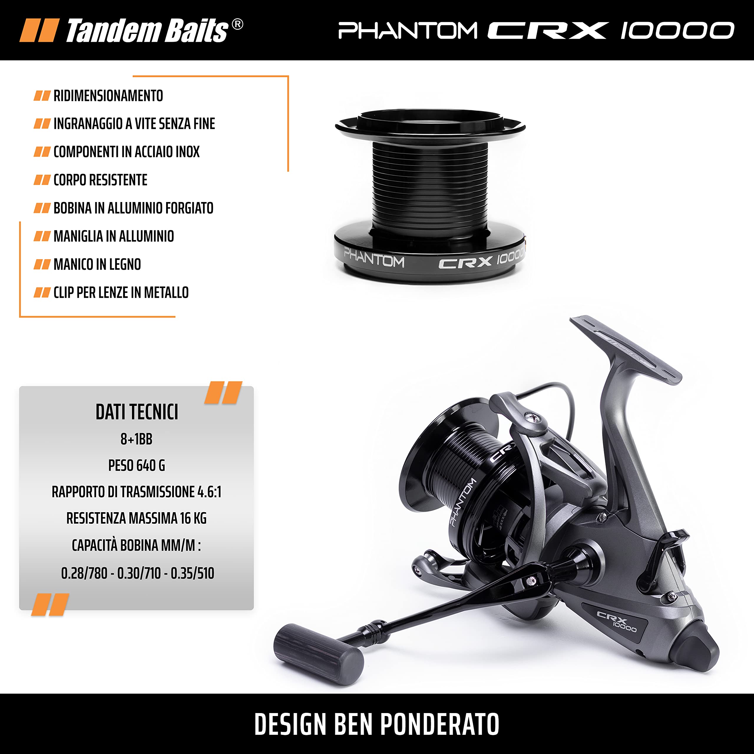 Tandem Baits Phantom CRX10000 Mulinello Pesca con Sistema Antitorsione | Di 8 Cuscinetti a Sfera + 1 Cuscinetto | Perfetto per la Canna da Pesca | Mulinello Carpfishing | Attrezzatura da Pesca
