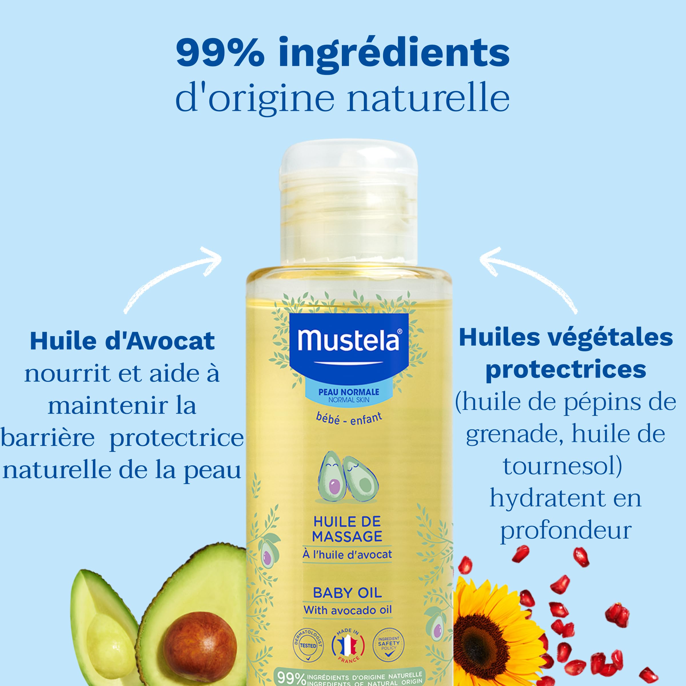 Mustela - Huile de Massage - Huile Bébé Nourrissante à l'Avocat - Produit Bébé Doux et Apaisant dès la naissance - 99% d'ingrédients d'Origine Naturelle - Hydratation Complète de la Peau