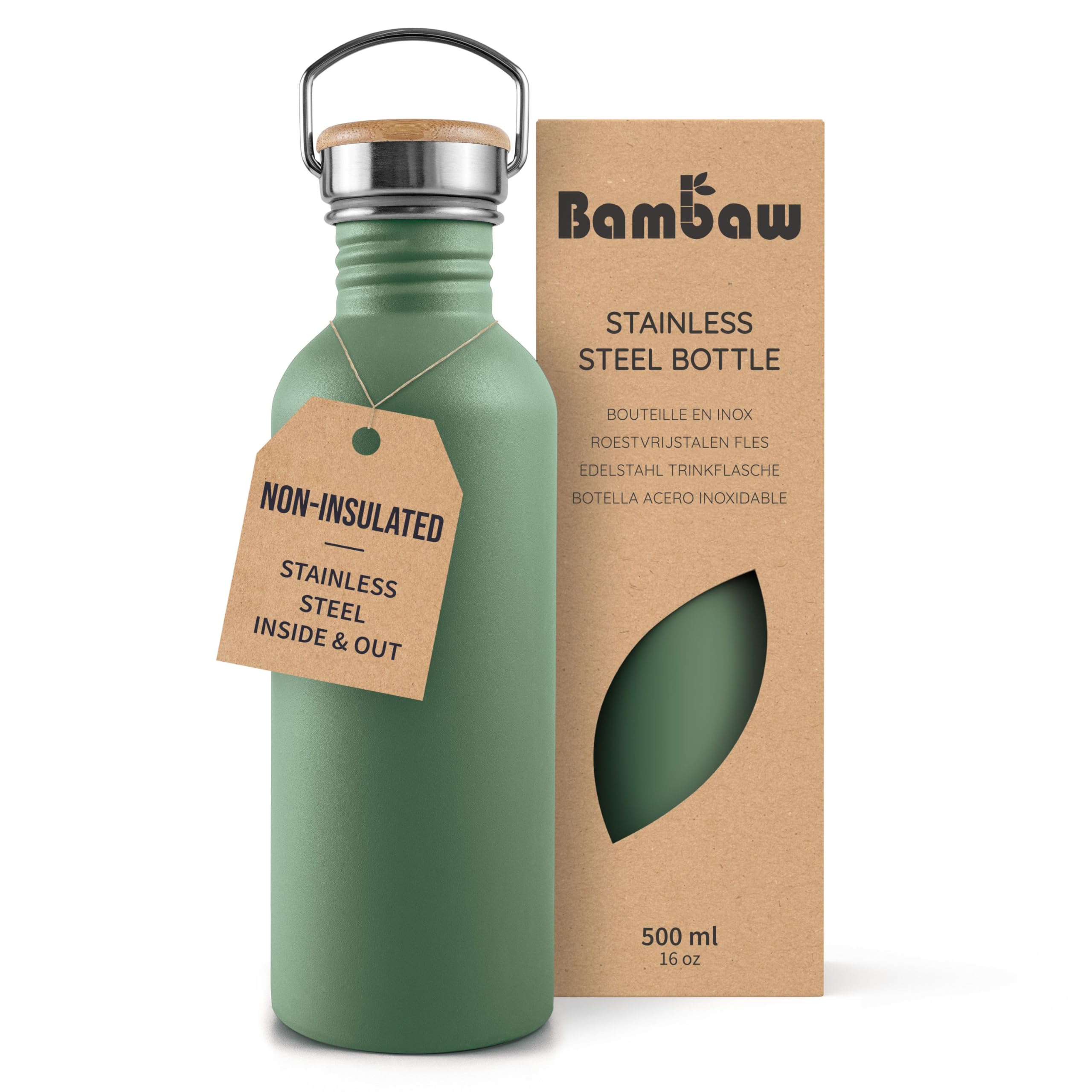 Bambaw Sage Green Stainless Steel Water Bottle 500Ml - Non-Insulated, Leakproof, Bpa Free, Metal Bottle