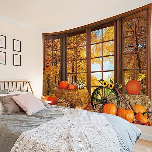 Miniatura 2 de MEUNEAR Tapiz de bosque otoñal, calabaza, girasol, hojas de arce, tapiz de otoño para colgar en la pared para dormitorio, árbol de otoño, paisajes