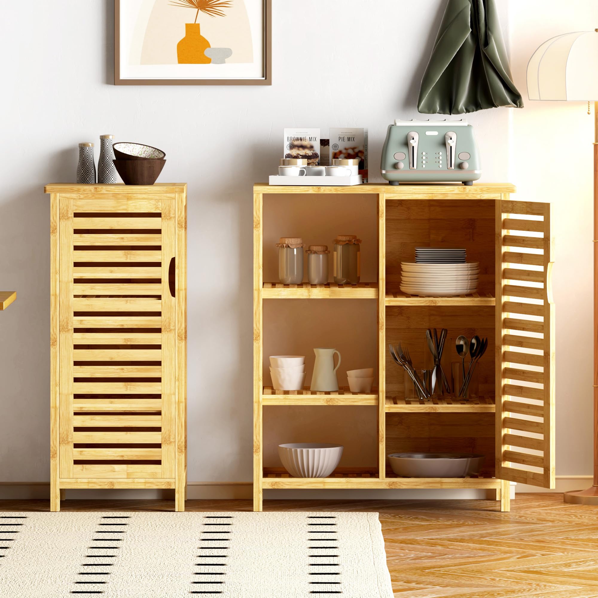 SogesPower Armadietto Portaoggetti da Bagno in Bambù Credenza Autoportante per Soggiorno, Cucina, Ufficio Domestico