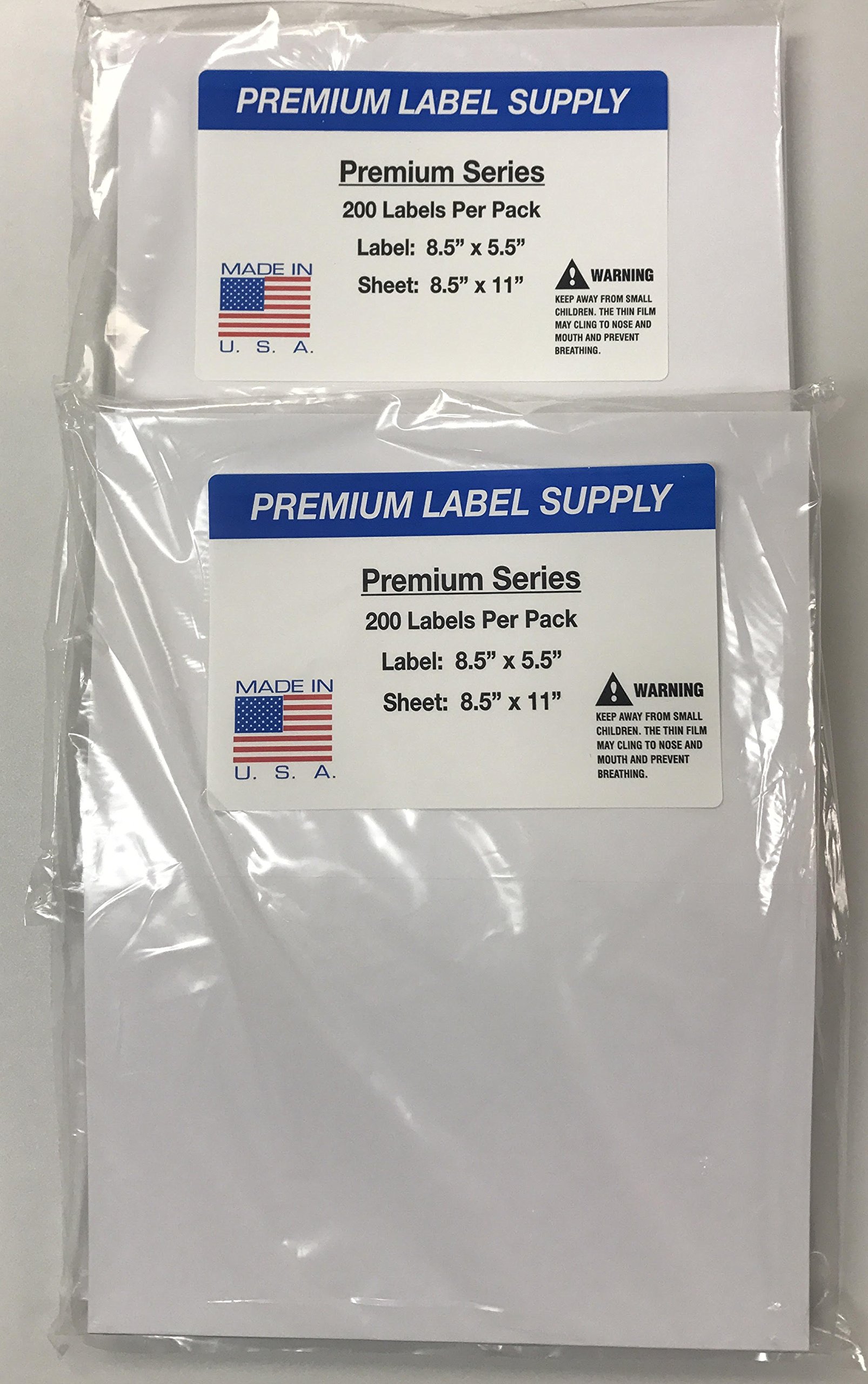 Premium Label SupplyWhite Sticker Half Sheet Labels – 8.5" x 5.5" – Laser/Inkjet Compatible – (2 per Sheet), 200 Sheets - 400 Total Adhesive Labels