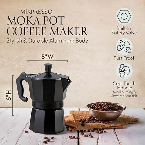 Miniatura 3 de Mixpresso Cafetera de aluminio con una taza cafetera Moka Pot para estufa de gas o eléctrica cafetera clásica italiana cafetera Espresso Greca