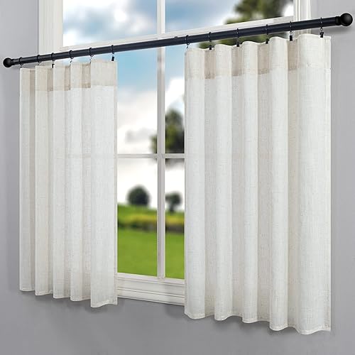 Miniatura 7 de Cortinas pequeñas para ventanas de 30 pulgadas de largo, cortinas de lino para ventana de cocina sobre el fregadero, 2 paneles con bolsillo trasero