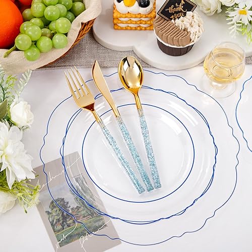 Vista 29 de Liacere 150 platos de plástico azul – cubiertos de plástico dorado con mango azul – Los platos desechables azul marino incluyen 30 platos