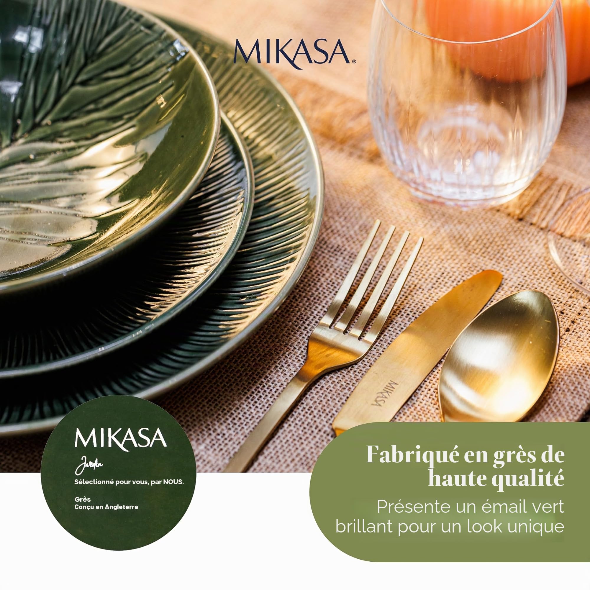Mikasa Jardin Ensemble de bols 4 pièces, 4x bols en grès émaillé, design botanique vert, bols à pâtes, 20cm - lavable au lave-vaisselle et empilable