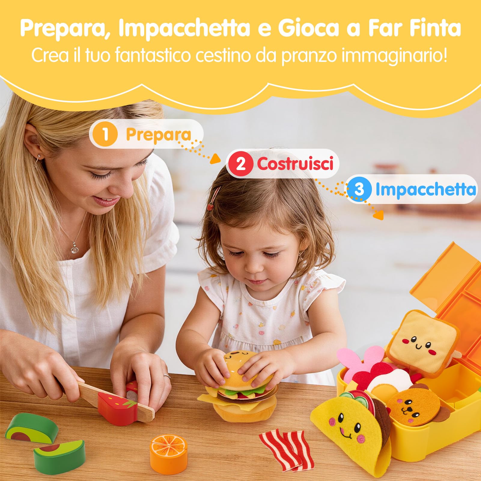 hahaland Cucina Giocattolo per Bambini, 43 Pcs Set Cucina Bambini 3-5 Anni | Giochi Montessori, con Cibo, Menu & Scatola, Facile da Riporre & Trasportare, Regalo Educativo Bimbo Bimba