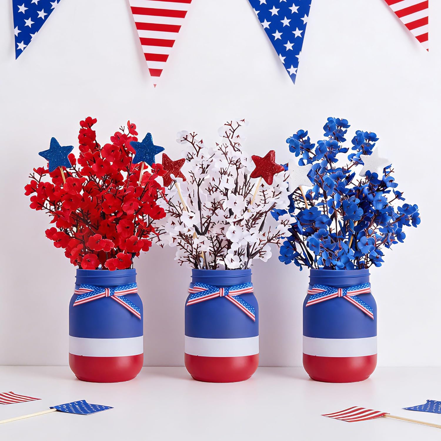 4th of July Table Decorations, Mason Jar Memorial Day Decor with Red White and Blue Artificial Baby's Breath, 4th of July Patriotic Centerpieces for Table, 10 Pcs Independence Day Decorations for Home