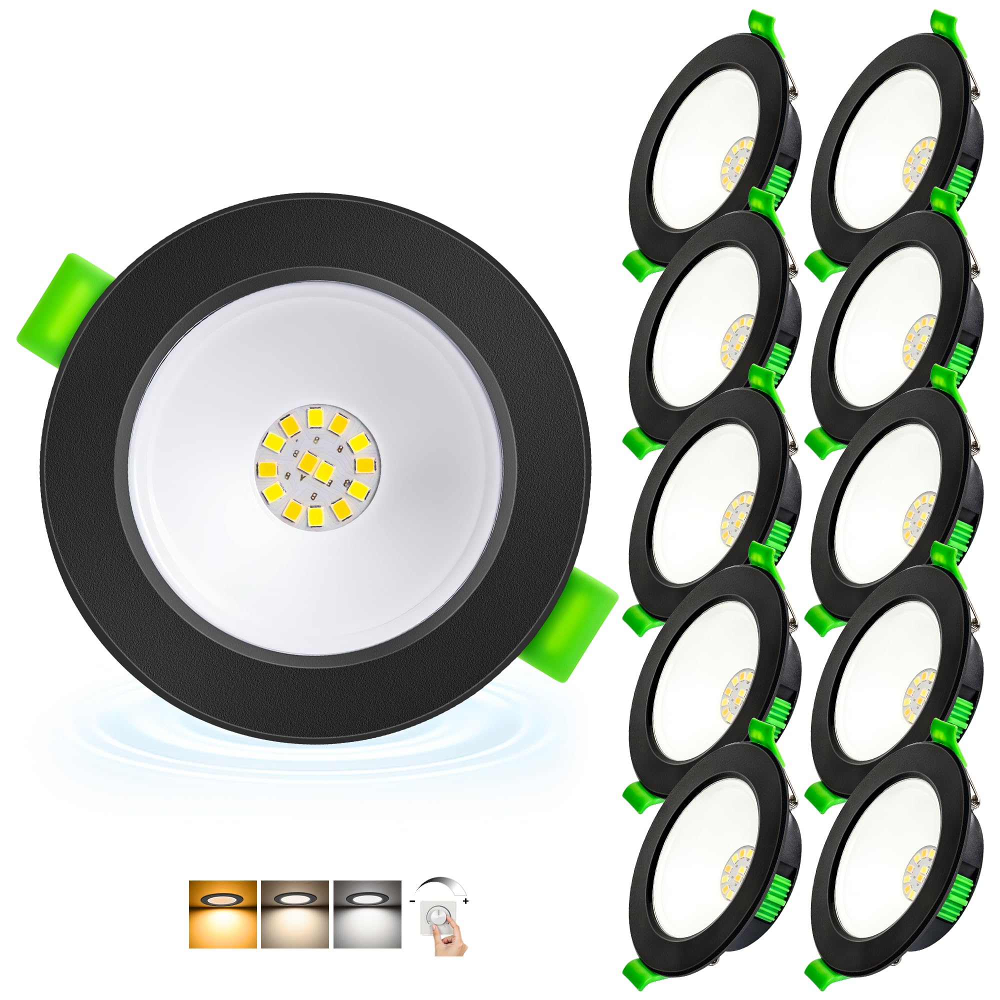 Downlight LED Techo Empotrable Extraplano Regulable 230V, 5W 650LM Focos LED Empotrables Techo Blanco Cálido Blanco Neutro Blanca Frío, IP44 Ojos de Buey, Corte 68-80mm, Negro 10 Pack