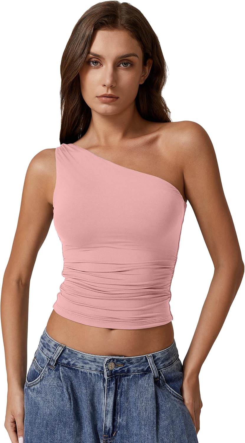 QINSEN Women's One Shoulder Tank Tops Double Lined Sleeveless Slim Fit Cropped Tee Shirt Y2k Tops - Image 4