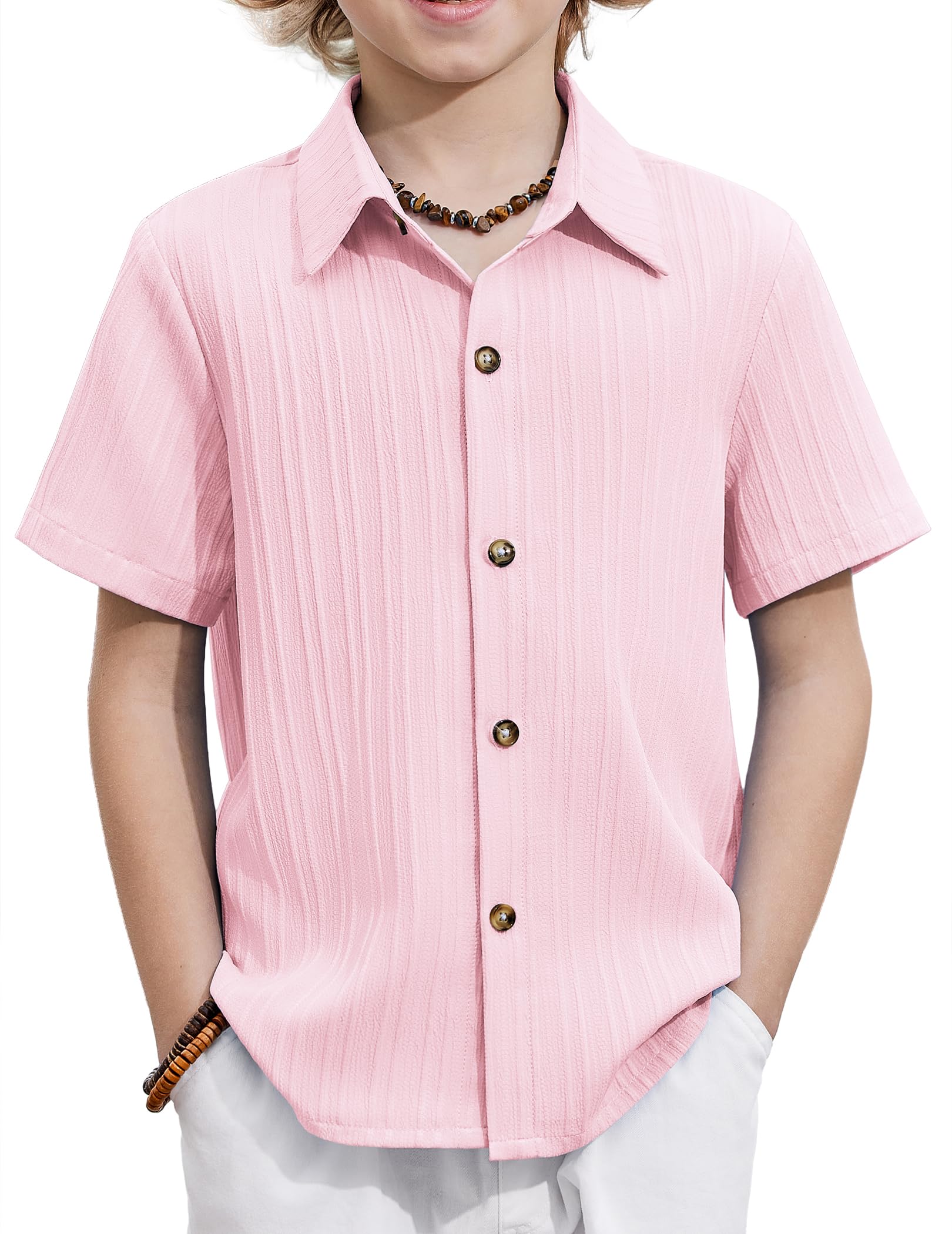 Arshiner Boys Casual Short Sleeve Button Down Shirt Fashion Textured Summer Beach Shirt 3-13 Years Old