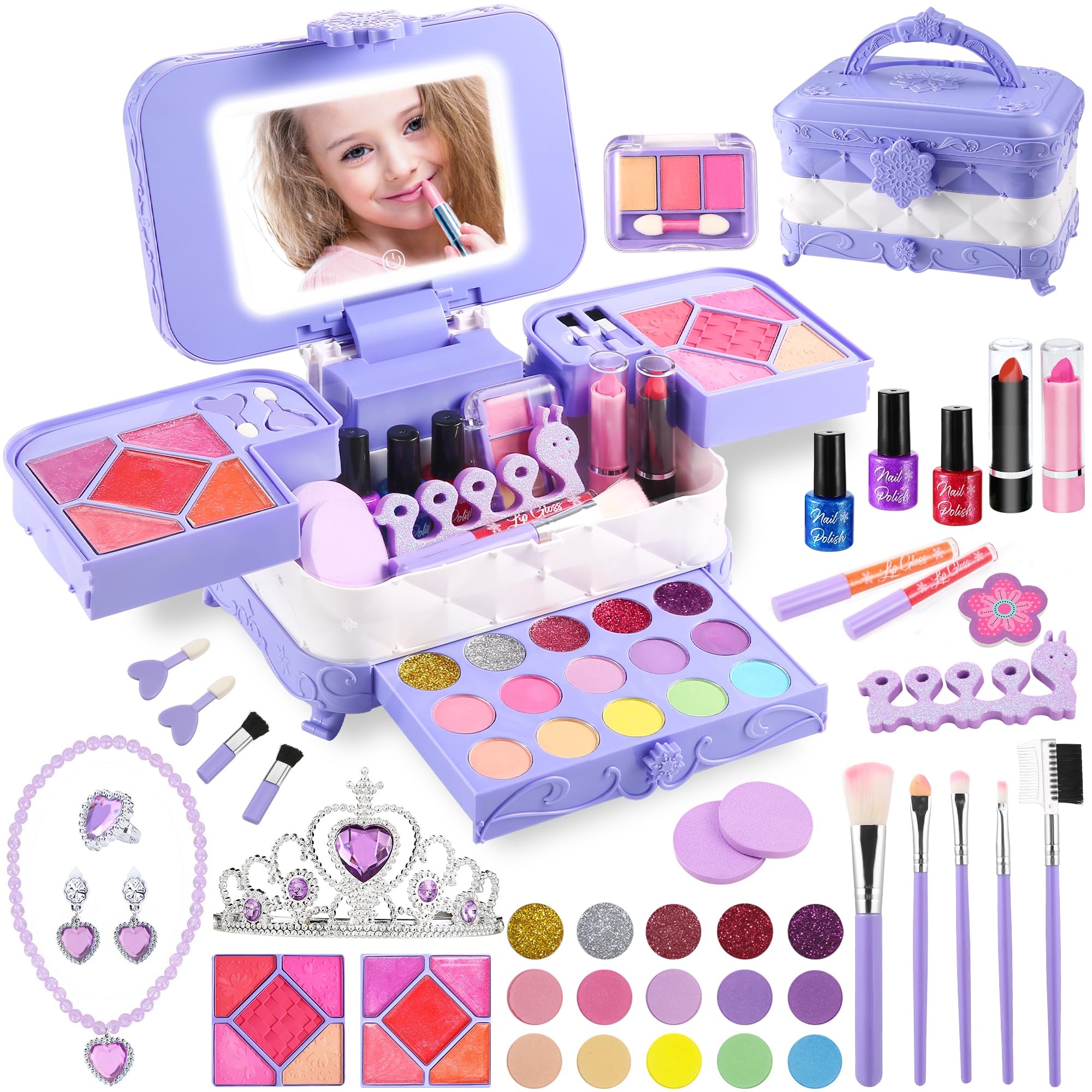 AstarX Trucchi Bambina Set con Specchio Cosmetico LED a 3 Colori, 59 Pezzi Lavabile Valigetta Trucchi Bambina Anallergici, Giochi Bambina per Natale Compleanno Festa 3 4 5 6 7 8 9 10 Anni (Viola)