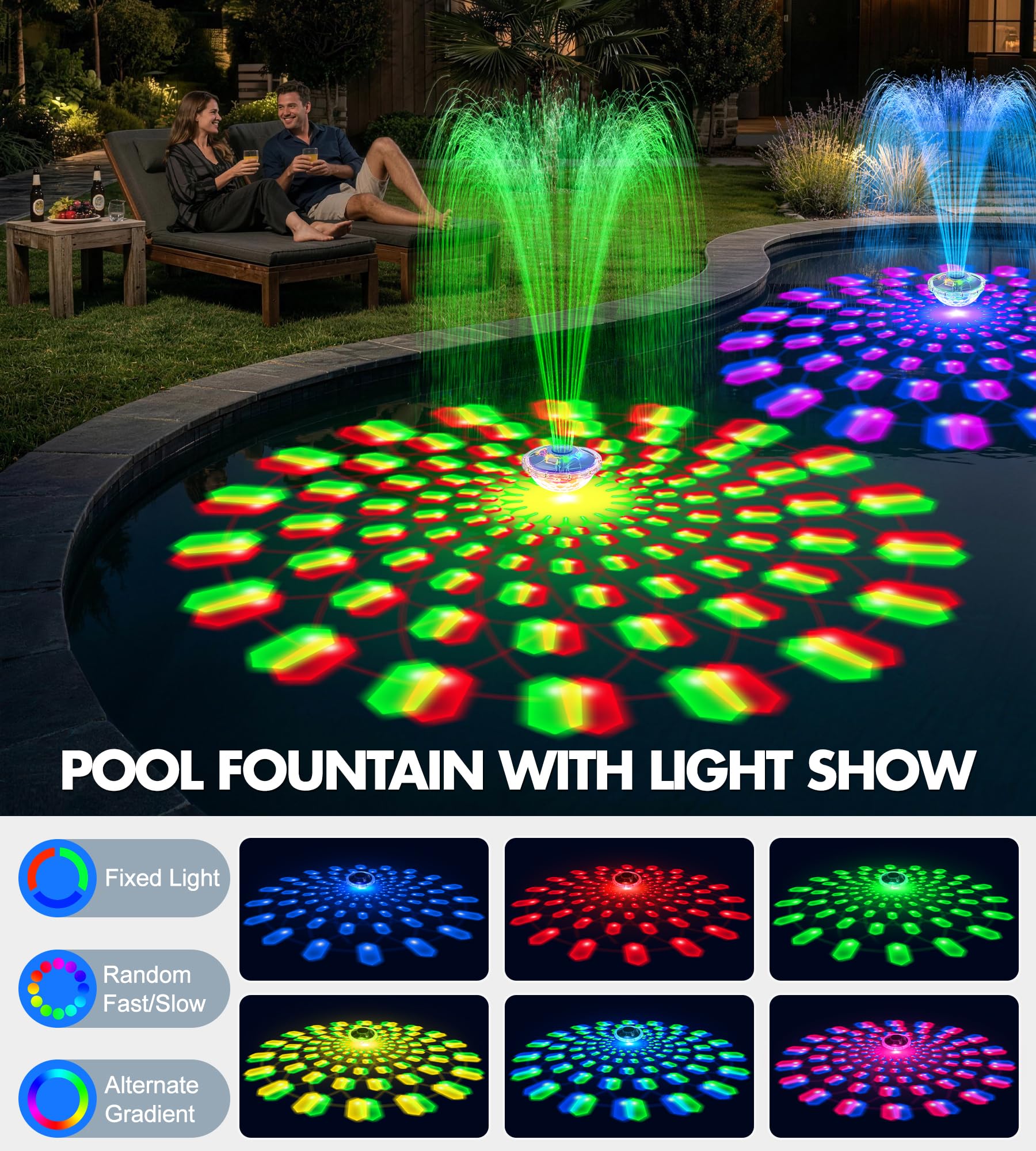 LanBlu Fontana Galleggiante per Piscine con Spettacolo di Luci, 8000 mAh, 2 Modalità di Spruzzo, Getto Fino a 130 cm