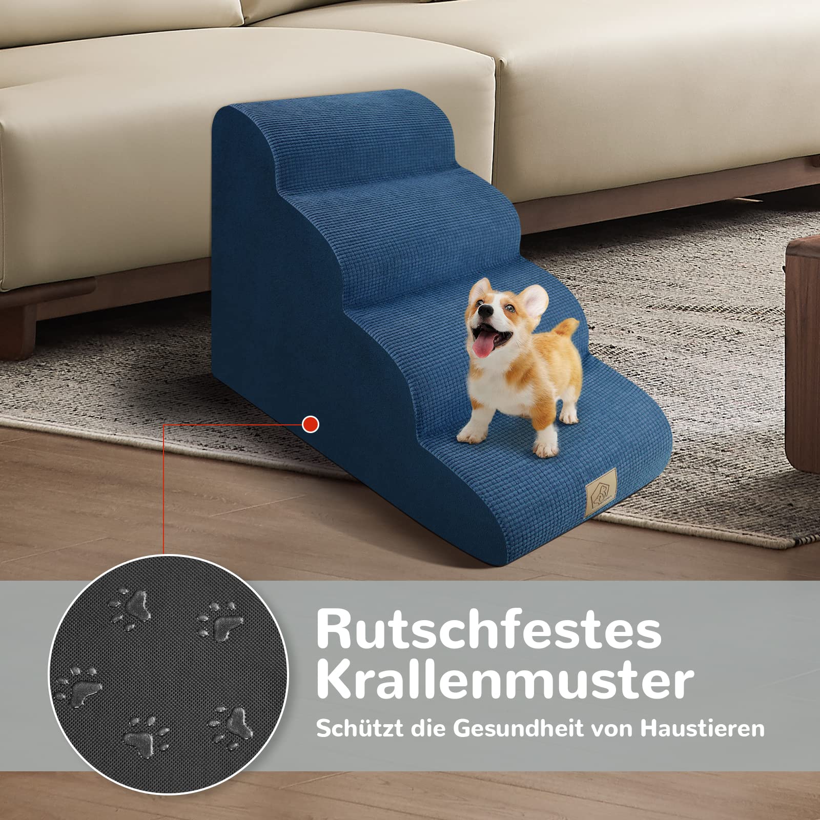 Ulax Furniture Haustiertreppe 4-stufig – Aus Schaumstoff, Rutschfest, Abnehmbare Bezüge, 61x38x46 Cm