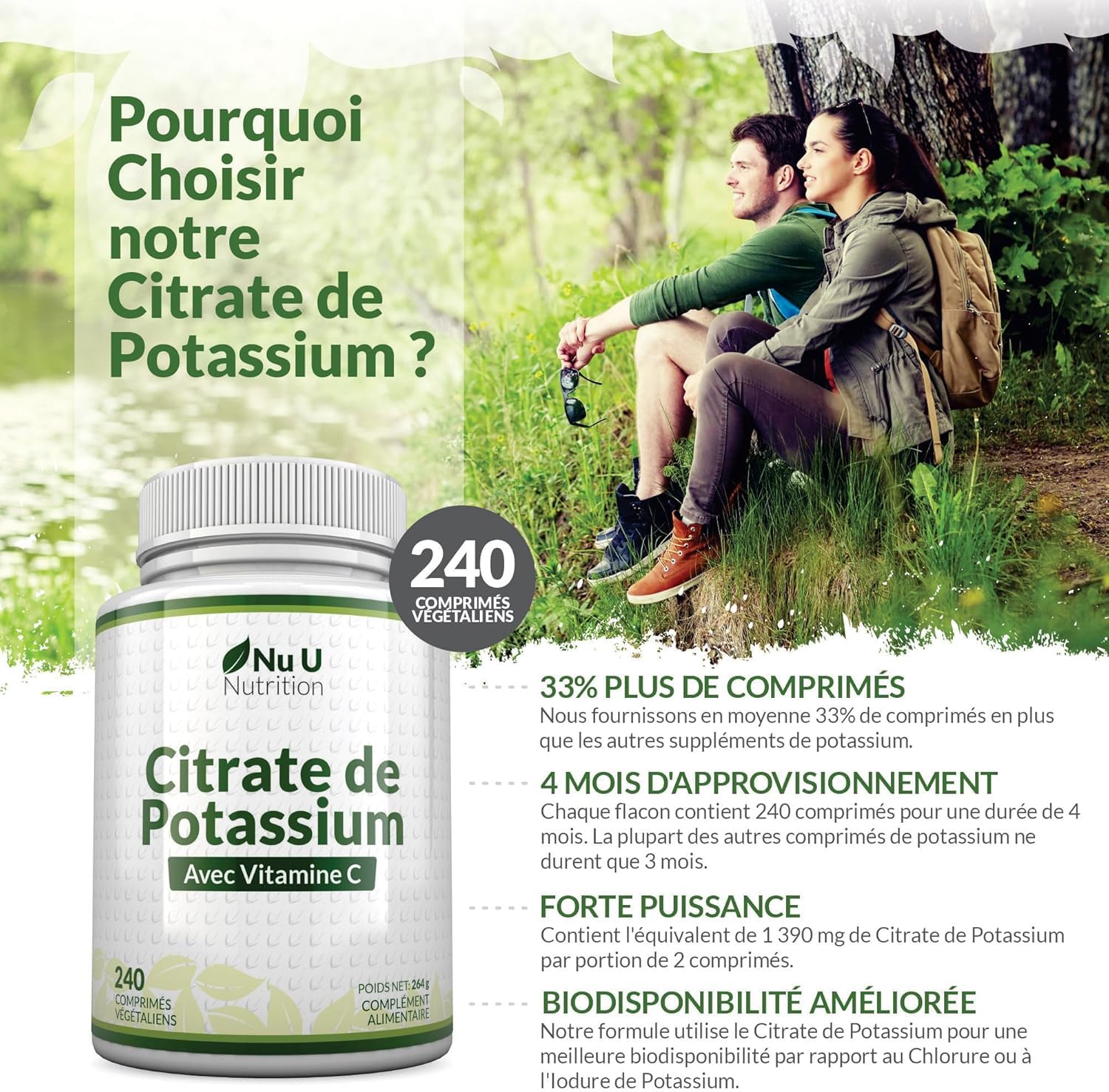 Potassium 1550mg & Vitamine C - 240 Comprimés Végétaliens - 4 Mois d’Approvisionnement - Citrate de Potassium à Forte Puissance - Support d'Électrolytes Naturels - Nu U Nutrition