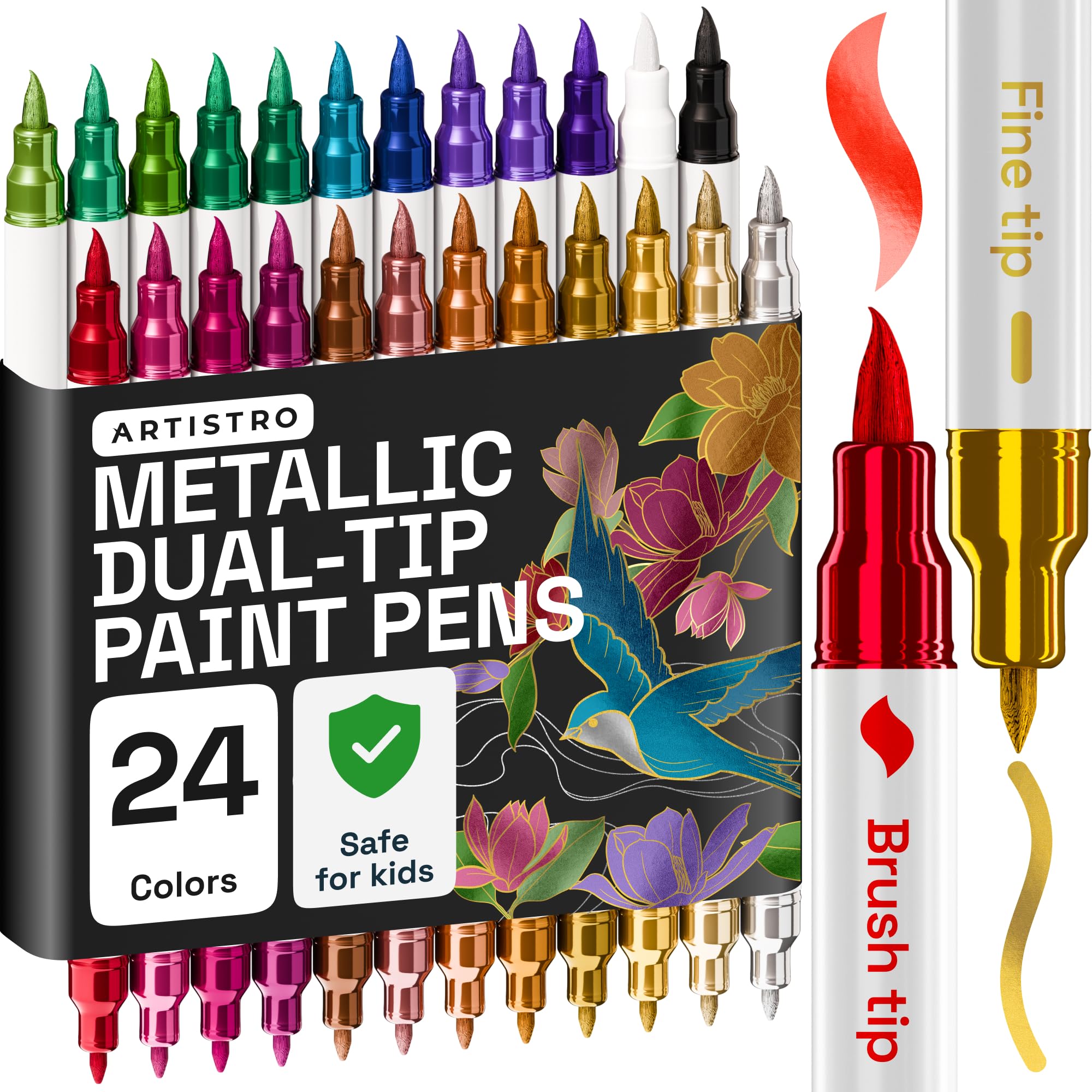 ARTISTRO 24 Acrylic Paint Pens, Art Set Acrylic Paint Markers Dual Tip (Brush + Fine 1mm), Acrylic Markers for Fabric, Canvas, Rock, Glass, Wood, Paper, DIY, Paint Markers Metallic