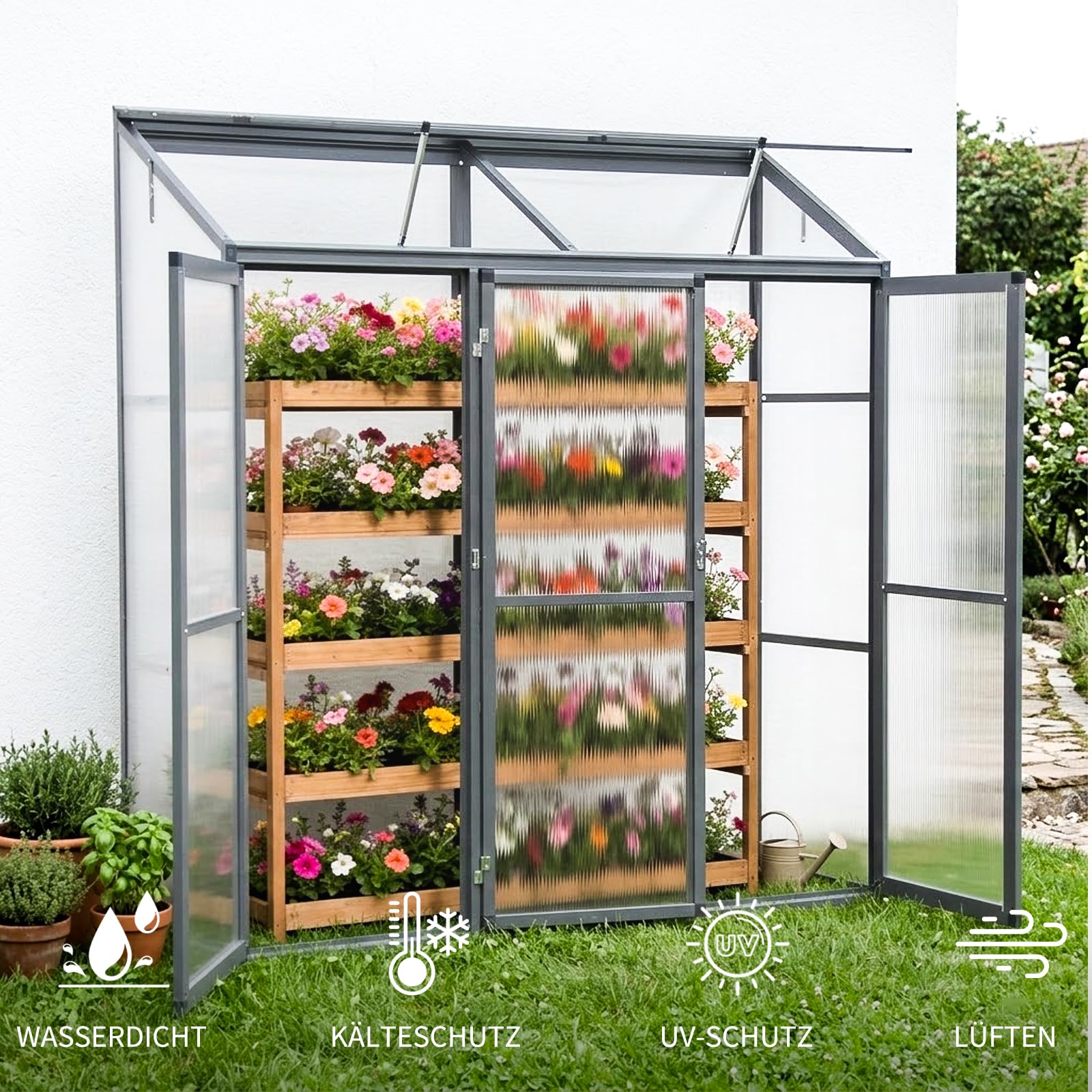 Anlehngewächshaus Aluminium Beistell-Gewächshaus (Grau) – 180x55x190cm, 3 Türen & 2 Oberlicht, geeignet für Zitronenbaum-Töpfe, Chrysanthemen & weitere Pflanzen, Greenhouse