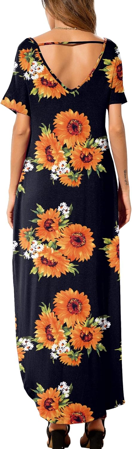 GRECERELLE Women's Casual Loose Pocket Long Dress Short Sleeve Split Maxi Dresses Small 31 Flower Sun Black