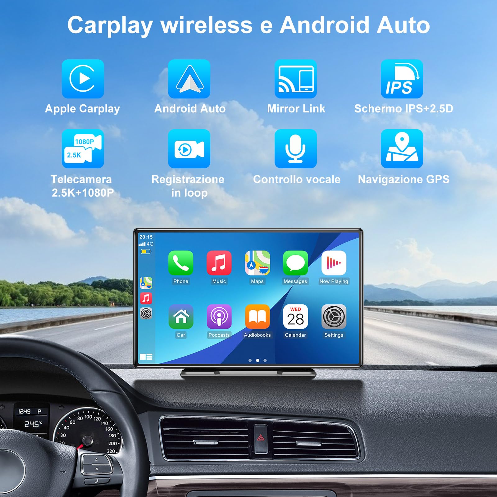 ESSGOO CarPlay Android Auto,schermo CarPlay IPS da 9 pollici per auto con Dash Cam anteriore 2.5K,telecamera di backup 1080P,CarPlay senza fili con Bluetooth 5.0/FM/Siri/G-oogle/Mirror Link/64G TF/AUX