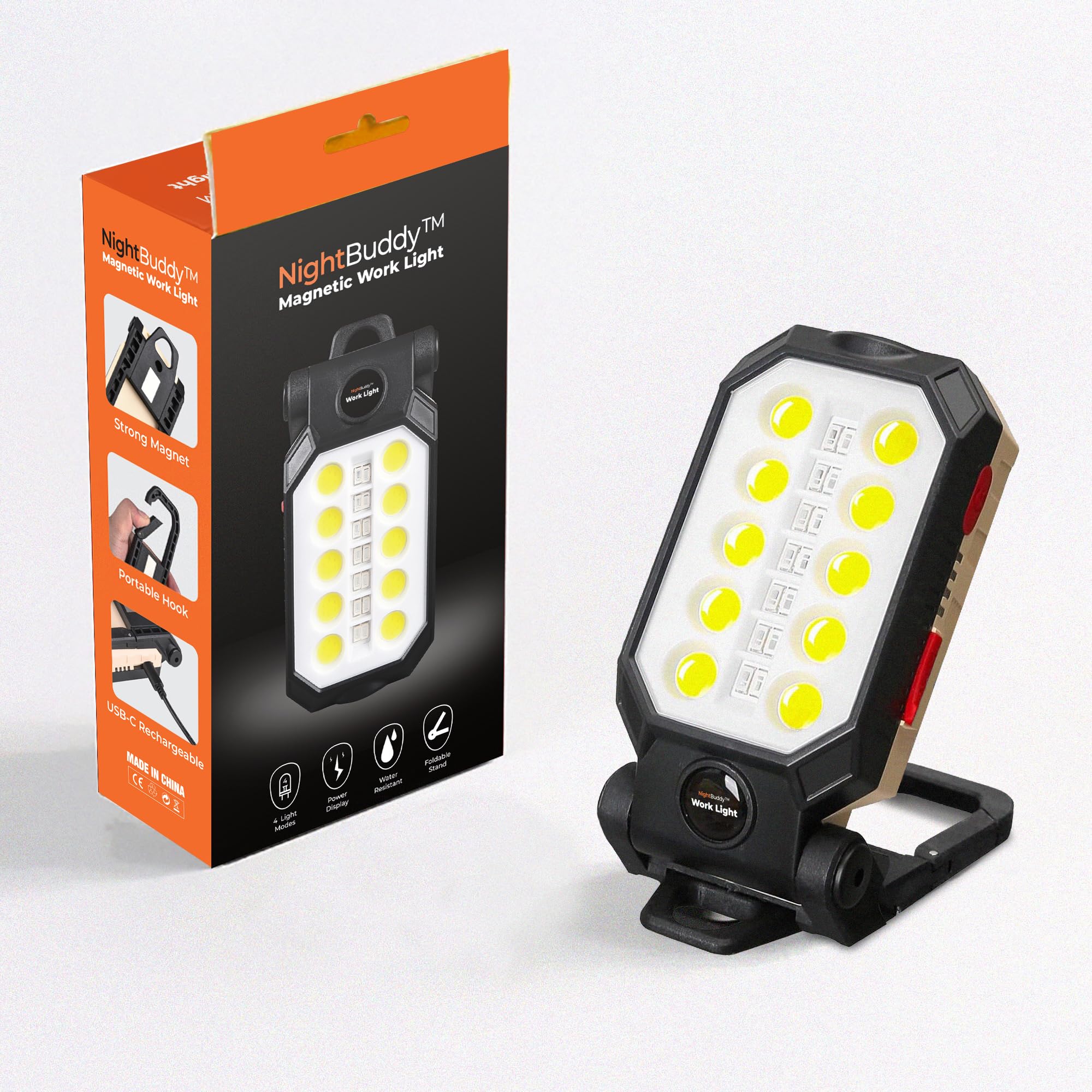 NightBuddy Magnetic Rechargeable Portable Work LED Light with Hanging Hook Battery indicator Strong Magnet 1500 Lumens 4 Light Modes Flashlight Mode Mechanic Cordless Tool Box Automotive Construction