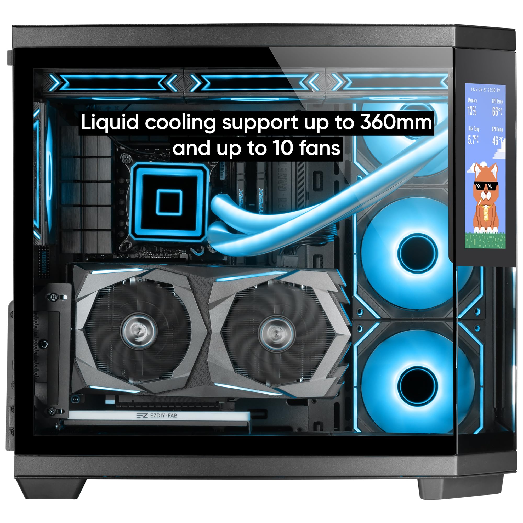 Mars Gaming MC-3TCORELCD Case Gaming ATX, Schermo IPS 7,2” Personalizzabile, Triplo Vetro Temperato Rimovibile, Struttura Doppia Camera, Supporto per Raffreddamento Liquido fino a 360mm, Nero