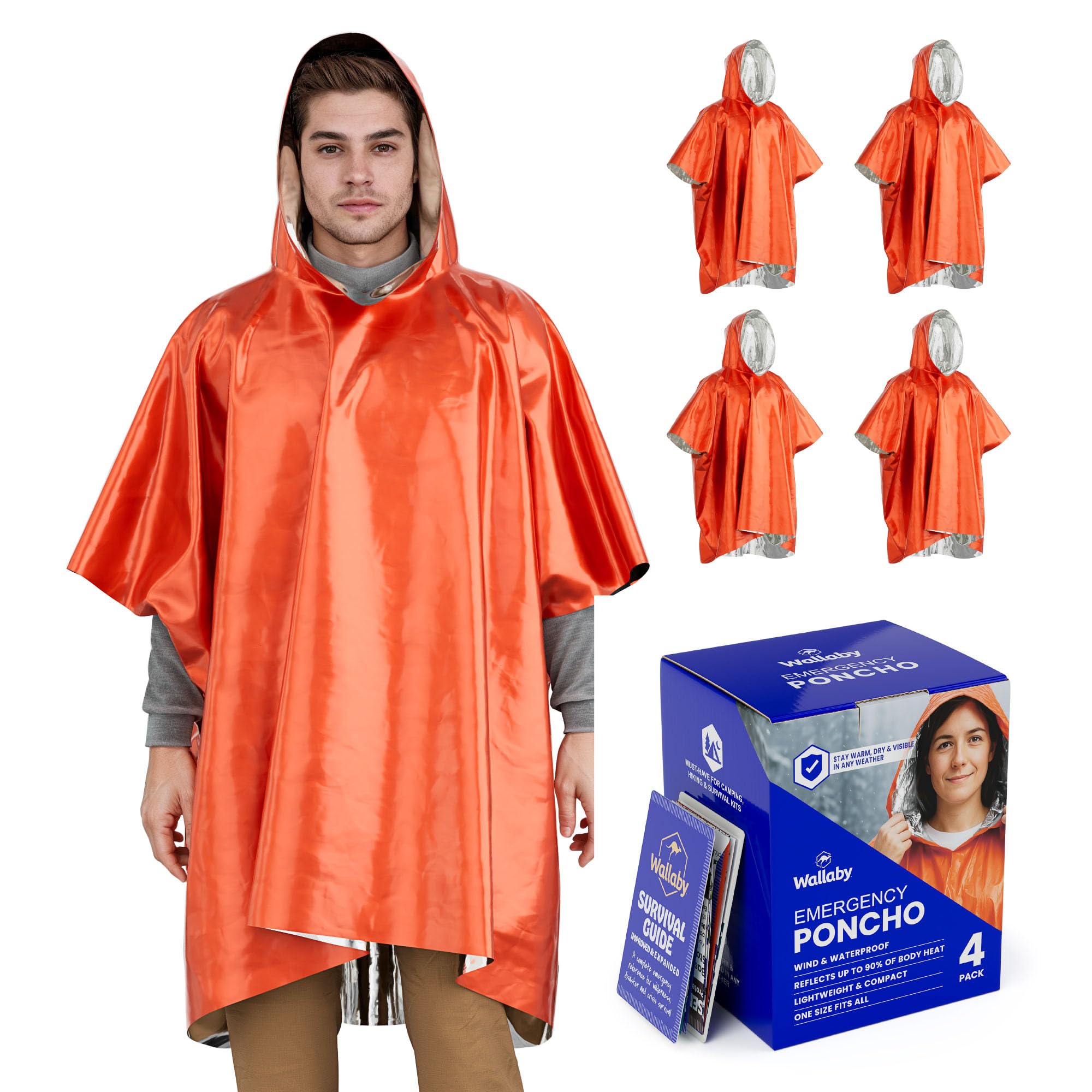 Wallaby 4-Pack Emergency Mylar Ponchos – Universal Fit